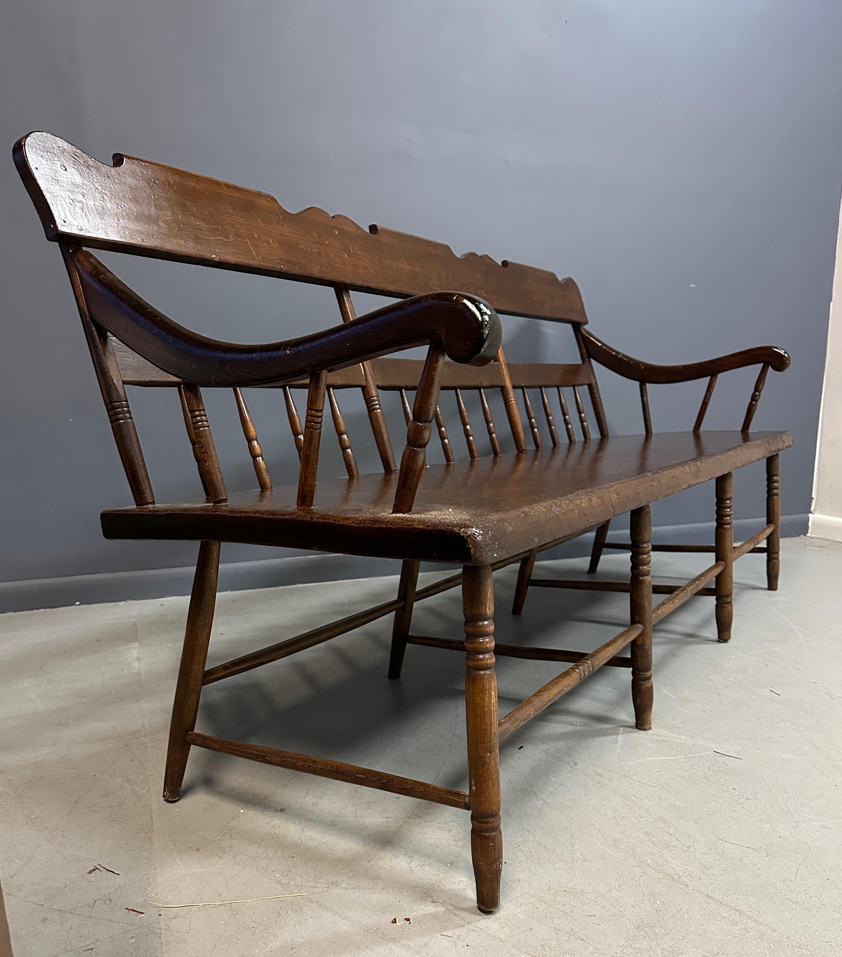 19th Century Antique Dark Pine Rustic Spindle Back Deacon's Bench