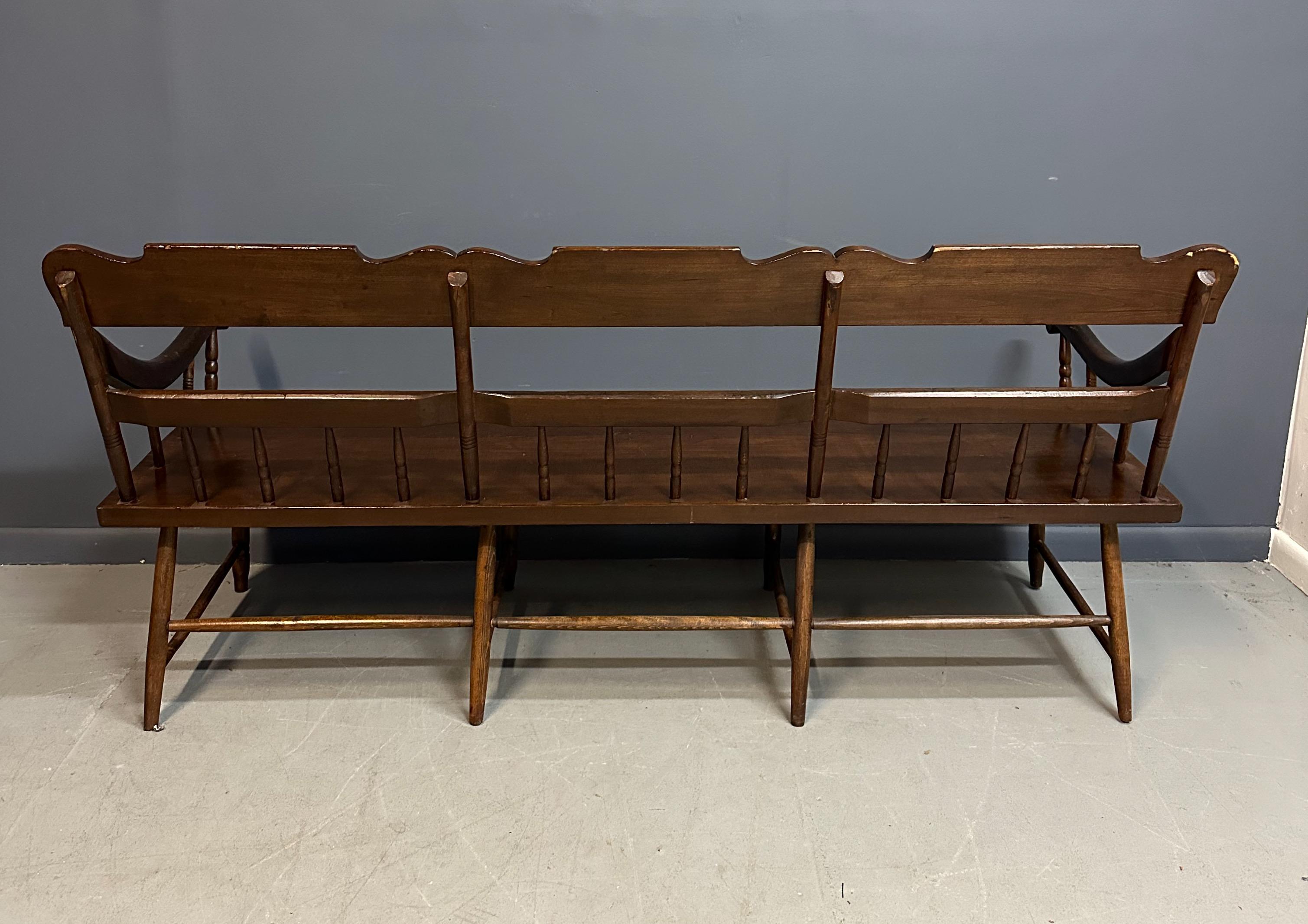 Antique Dark Pine Rustic Spindle Back Deacon's Bench 2