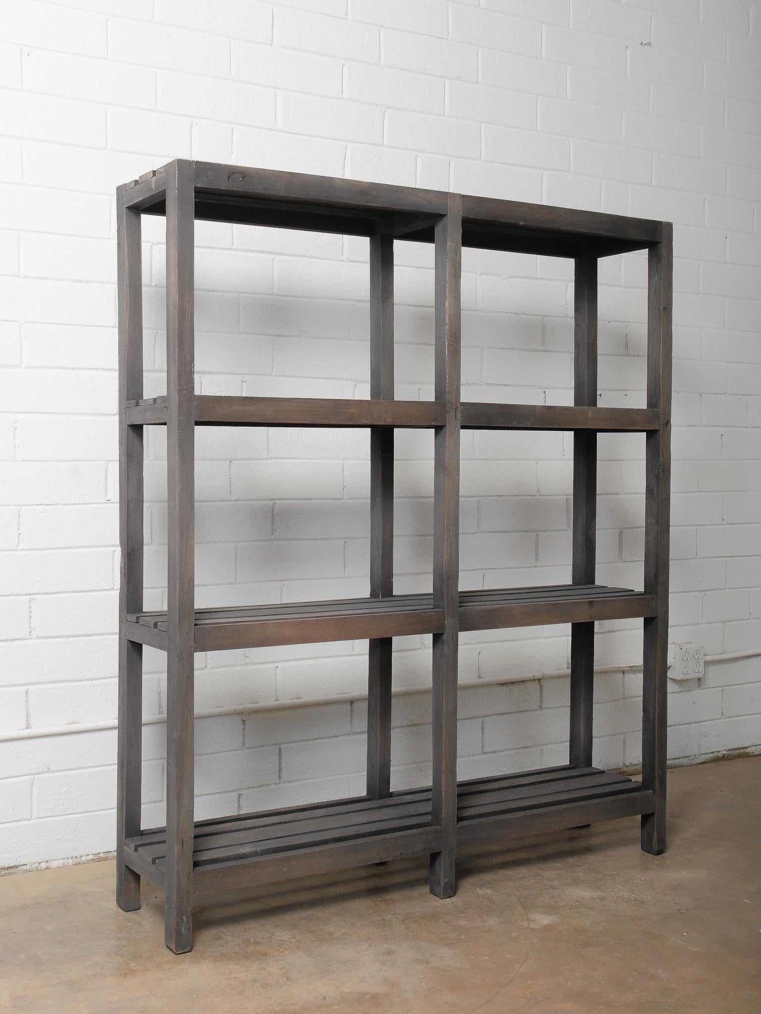 Rustic Dark-Stained Wooden Open Shelf Display Rack For Sale