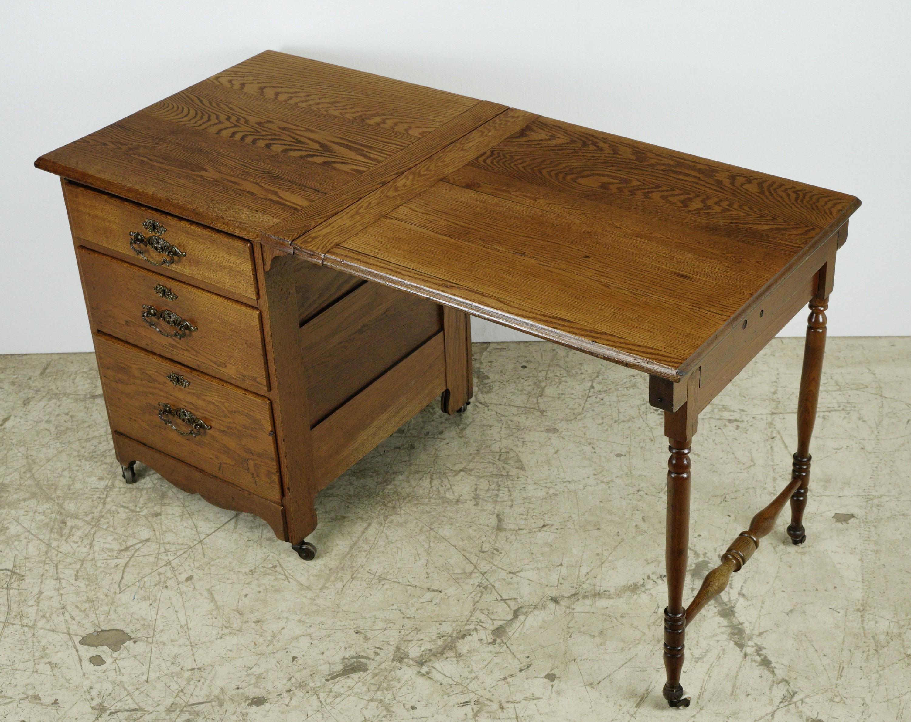 Antique Dark Tone Oak Folding Desk on Casters For Sale 5