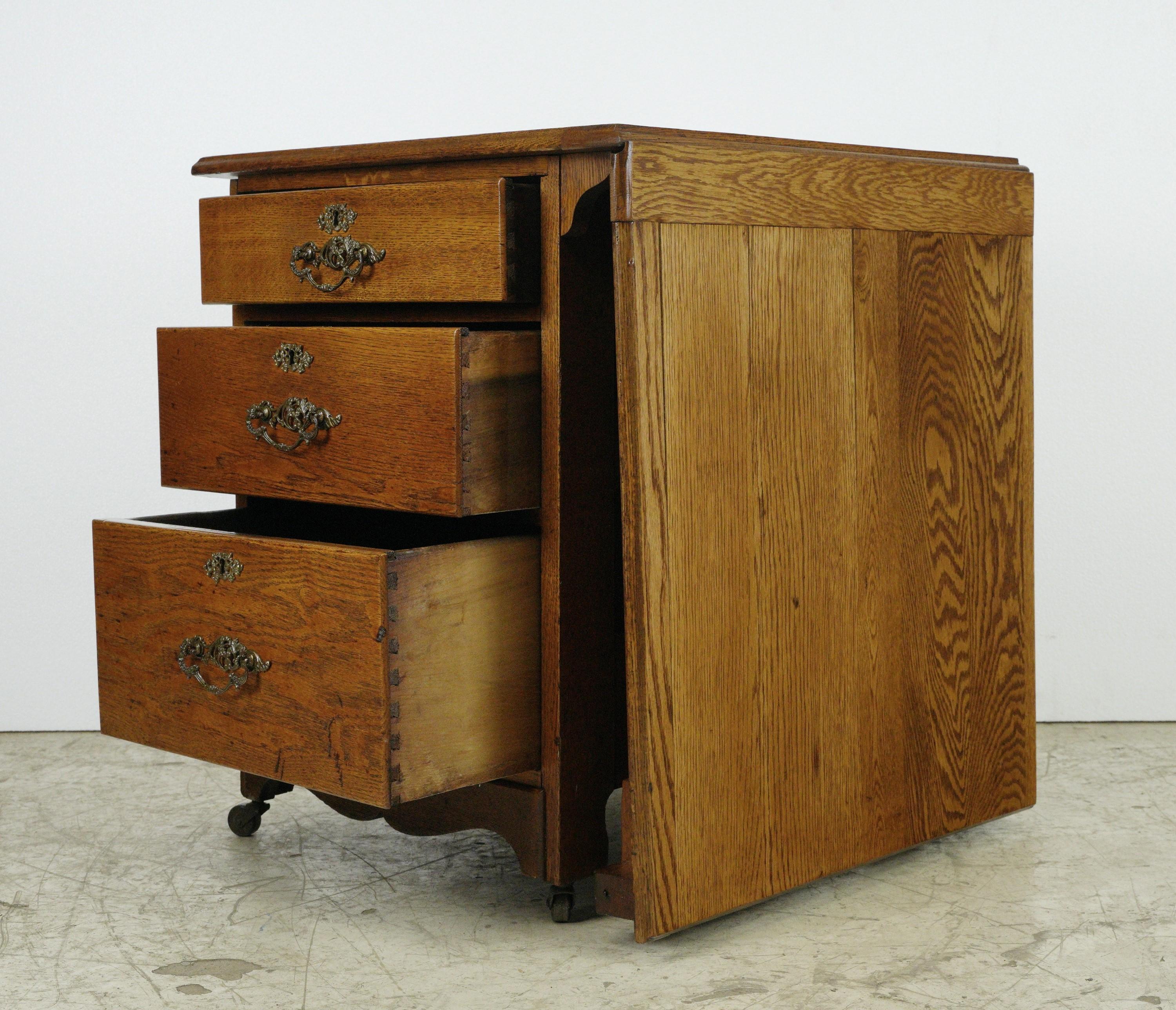 Antique Dark Tone Oak Folding Desk on Casters For Sale 7