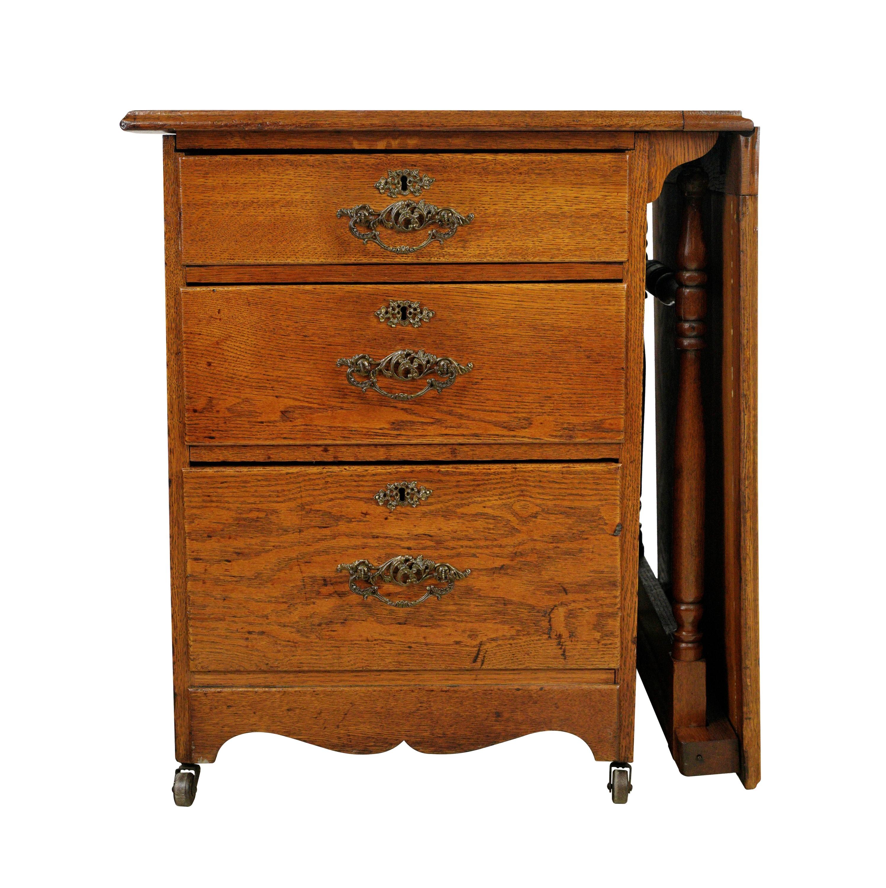 Antique Dark Tone Oak Folding Desk on Casters In Good Condition For Sale In New York, NY