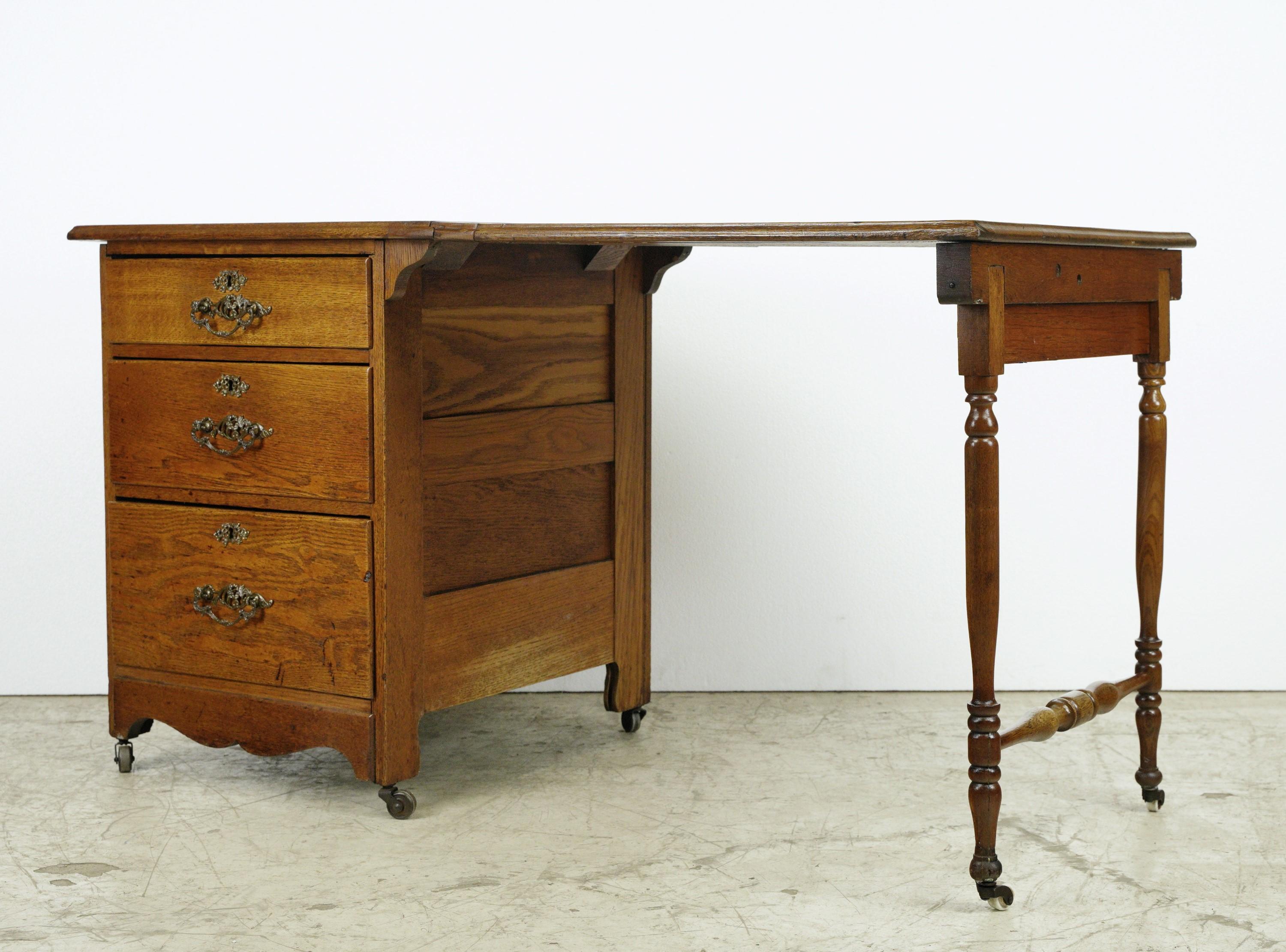Antique Dark Tone Oak Folding Desk on Casters For Sale 4