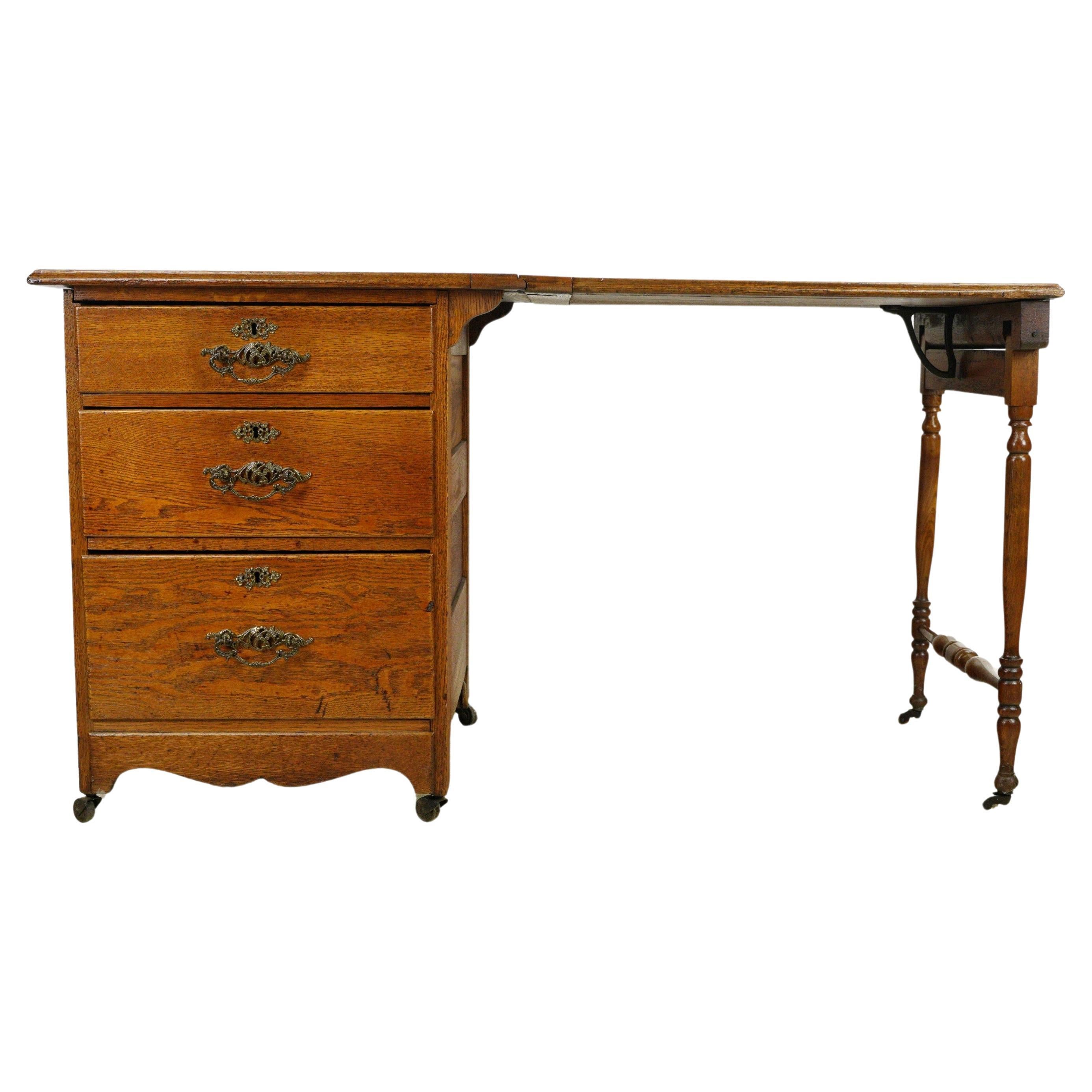 Antique Dark Tone Oak Folding Desk on Casters For Sale