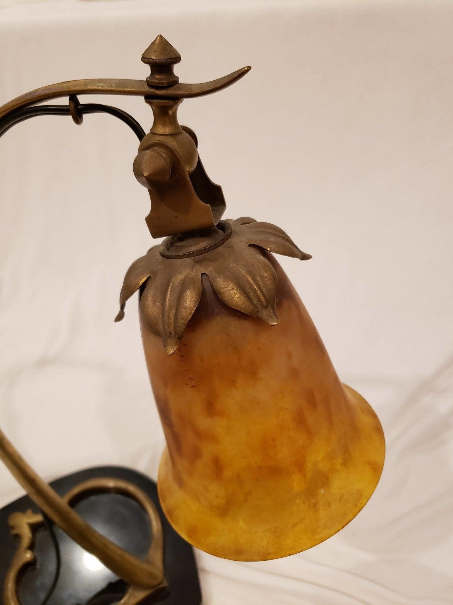 20th Century Antique Daum + Nancy Signed Shade and Brass Lamp For Sale