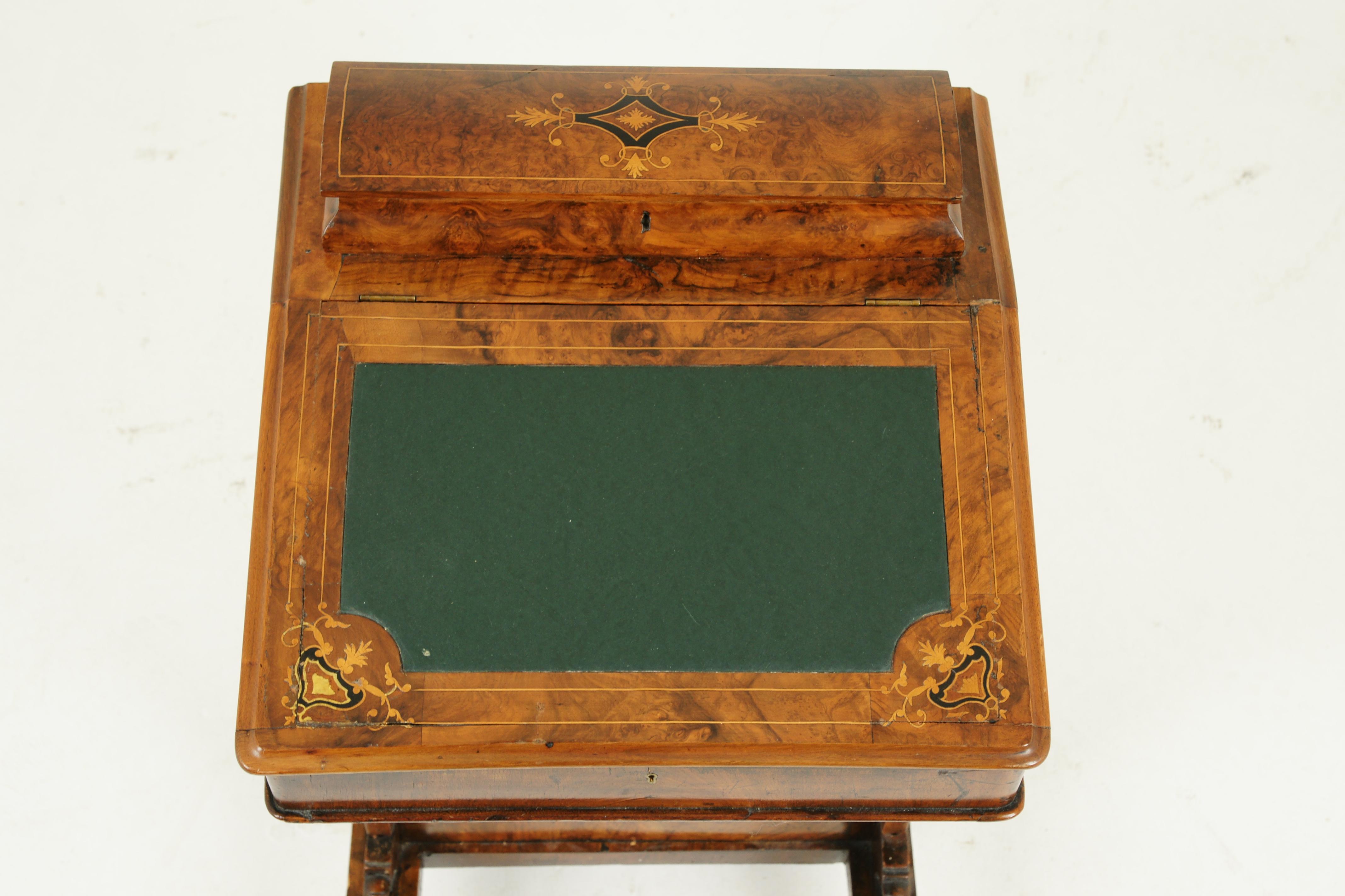 Antique davenport desk, inlaid burr walnut desk, writing desk, Victorian, Scotland, 1870, antique furniture

Scotland, 1870
Solid walnut and veneers
Inlaid lift top with storage space beneath
Green leather insert to the slant top
Opens to reveal