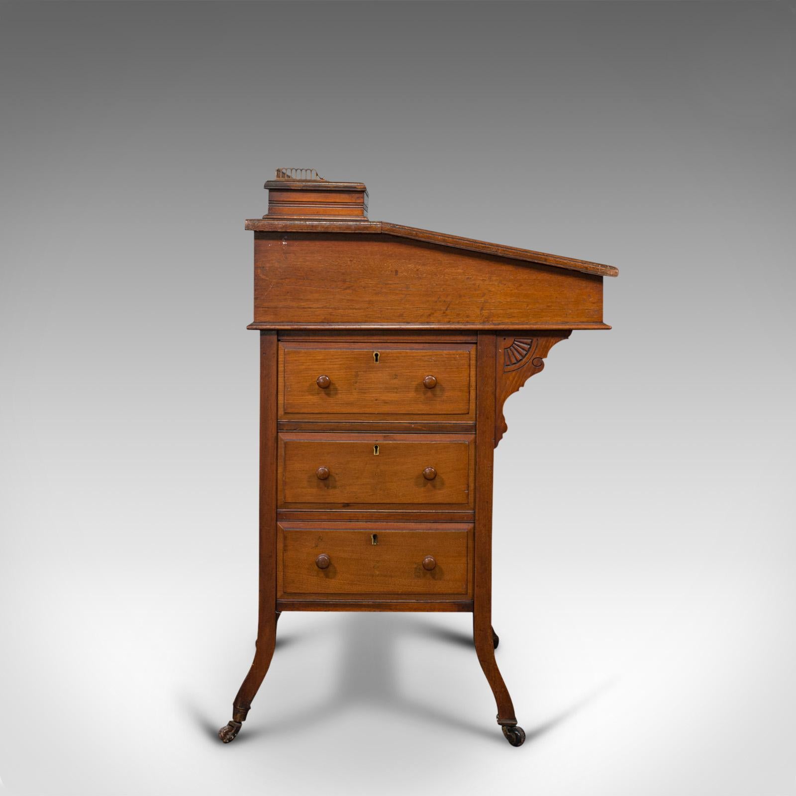 British Antique Davenport, English Walnut, Bird's-Eye Maple Writing Desk, Victorian