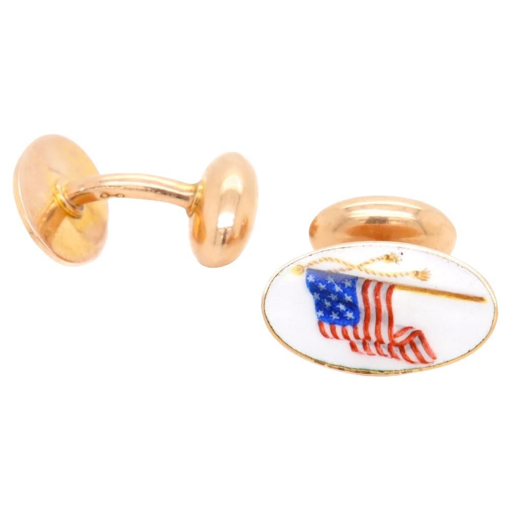 A fine pair of signed, antique American gold & enamel cufflinks.

By Day, Clark & Co. of New York, New York.

In 14k gold with enameled heads depicting American flags with gold ropes and tassels.

Day, Clark & Co jewelry firm was founded in 1873 and