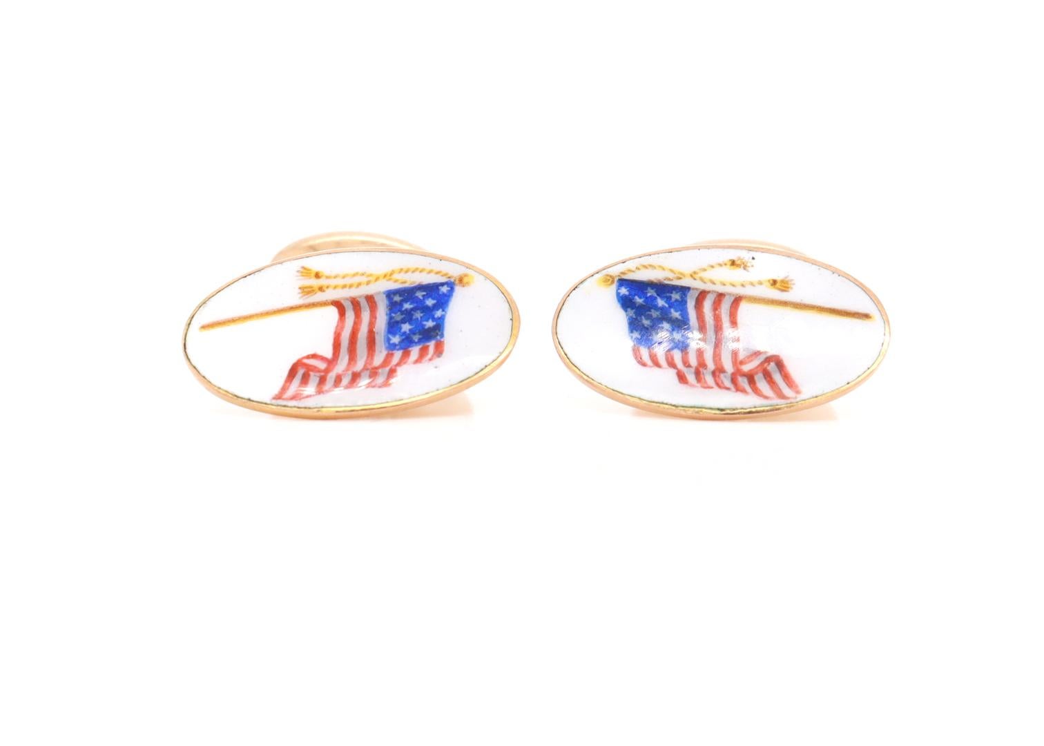 Men's Antique Day, Clark & Co. 14k Gold & Enamel American Flag Patriotic Cufflinks For Sale