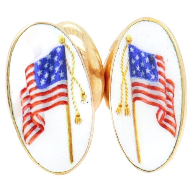 Antique Day, Clark & Co. 14k Gold & Enamel American Flag Patriotic Cufflinks For Sale