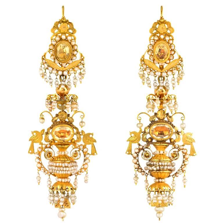 Antique Gold, Citrine, and Seed Pearl Chandelier Earrings with Urns and Birds