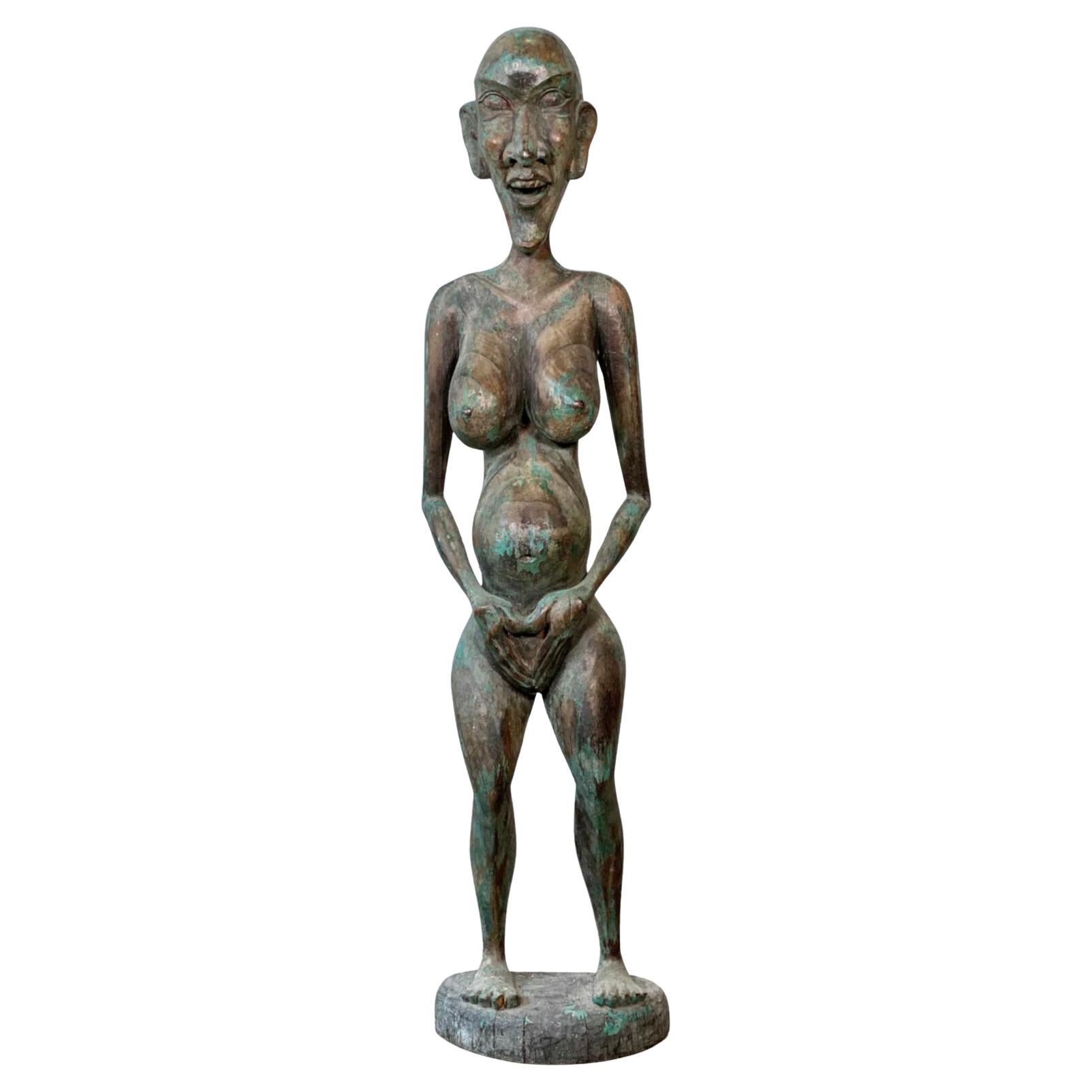 ANTIQUE SCULPTURE DE FERTILITE DAYAK SHAMAN STATUE EN BOIS DE FER KALIMANTAN BORNEO 94cm en vente