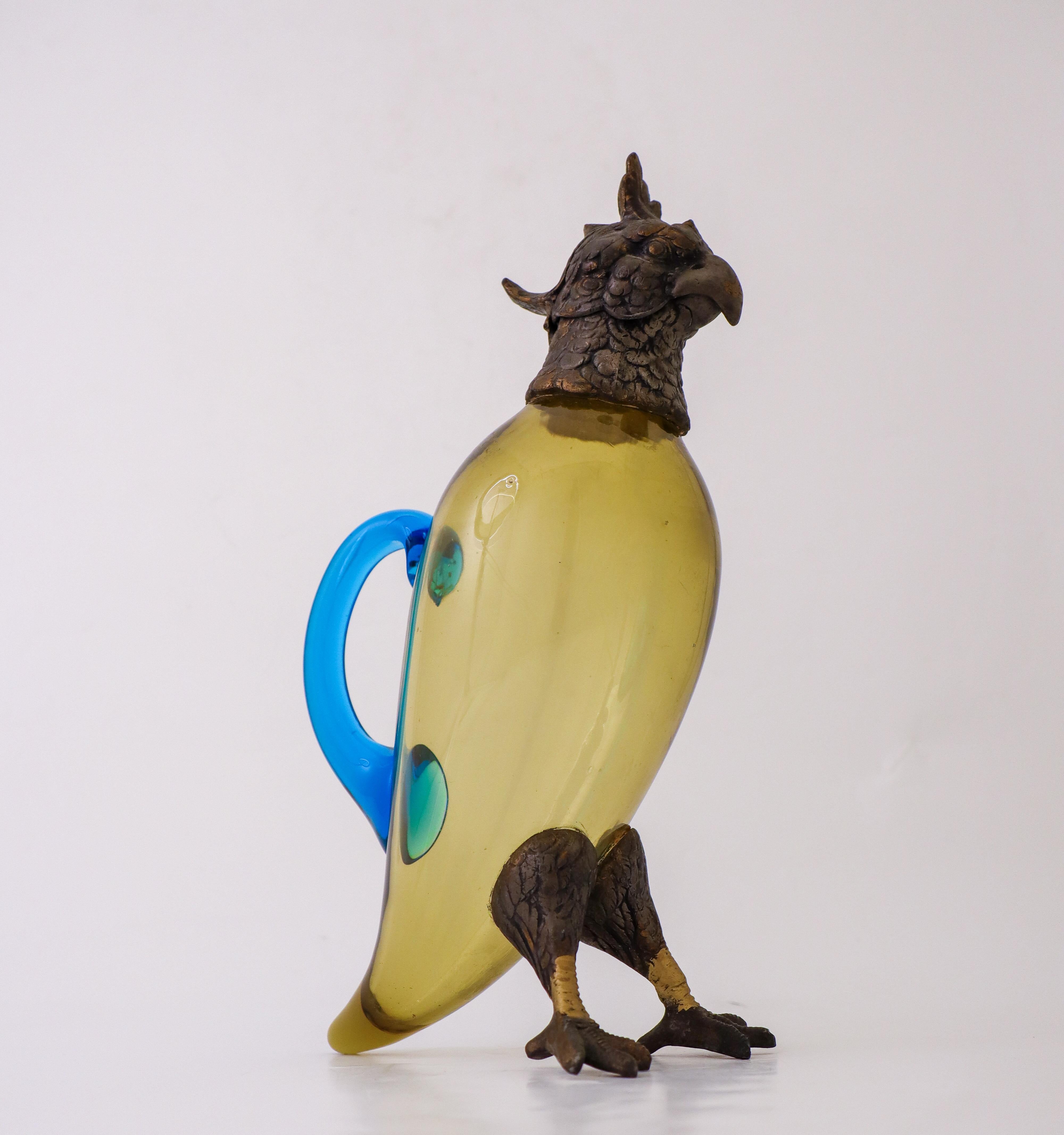 Art Nouveau Antique decanter / pitcher - Parrot in glass and metal blue & yellow