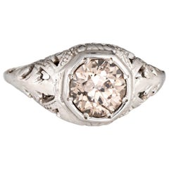 Antique Deco 0.95 Carat OEC Diamond Engagement Ring 18 Karat White Gold Filigree