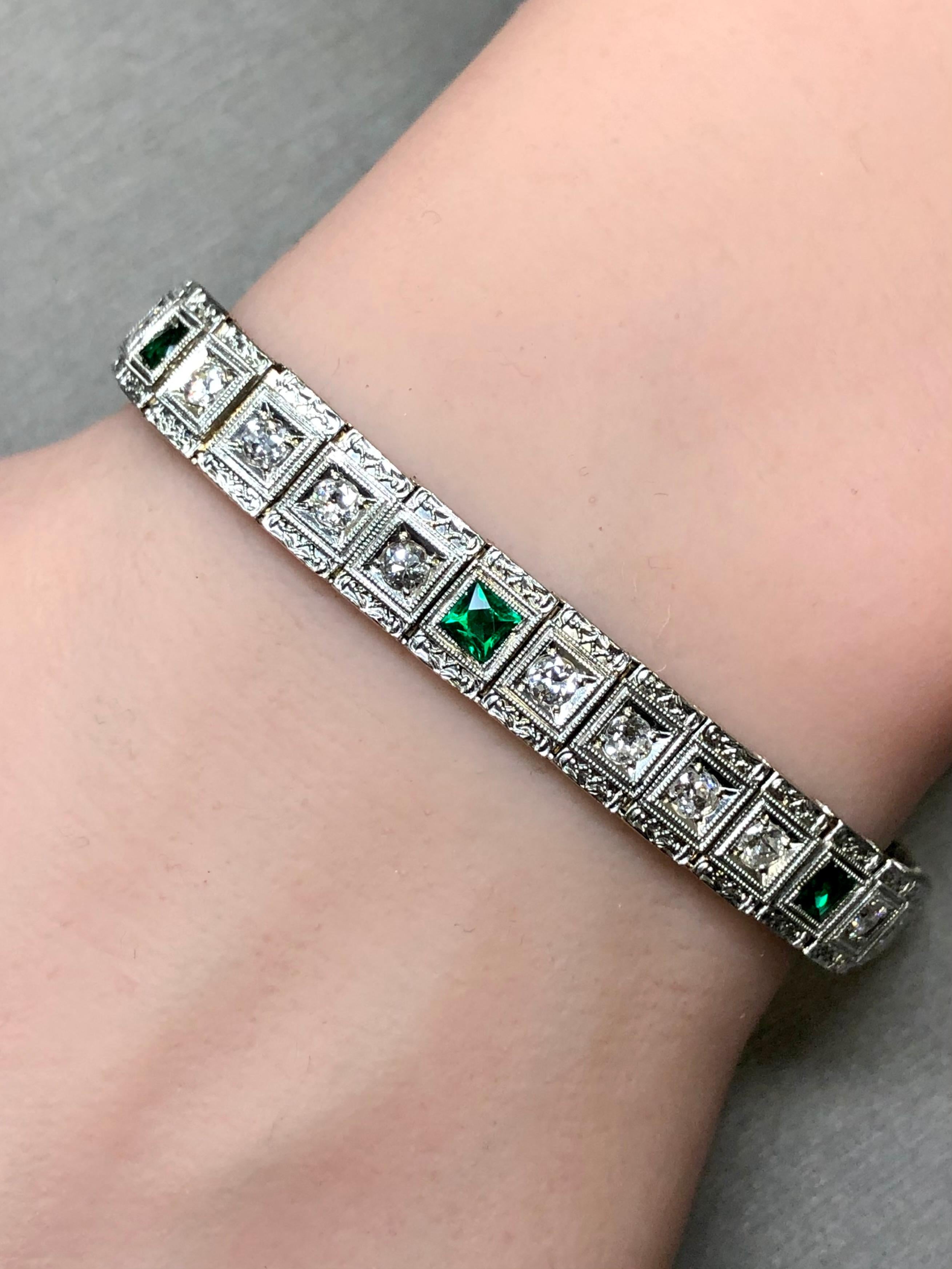 Antique Deco 14K European Diamond Emerald Line Bracelet 7” For Sale 4
