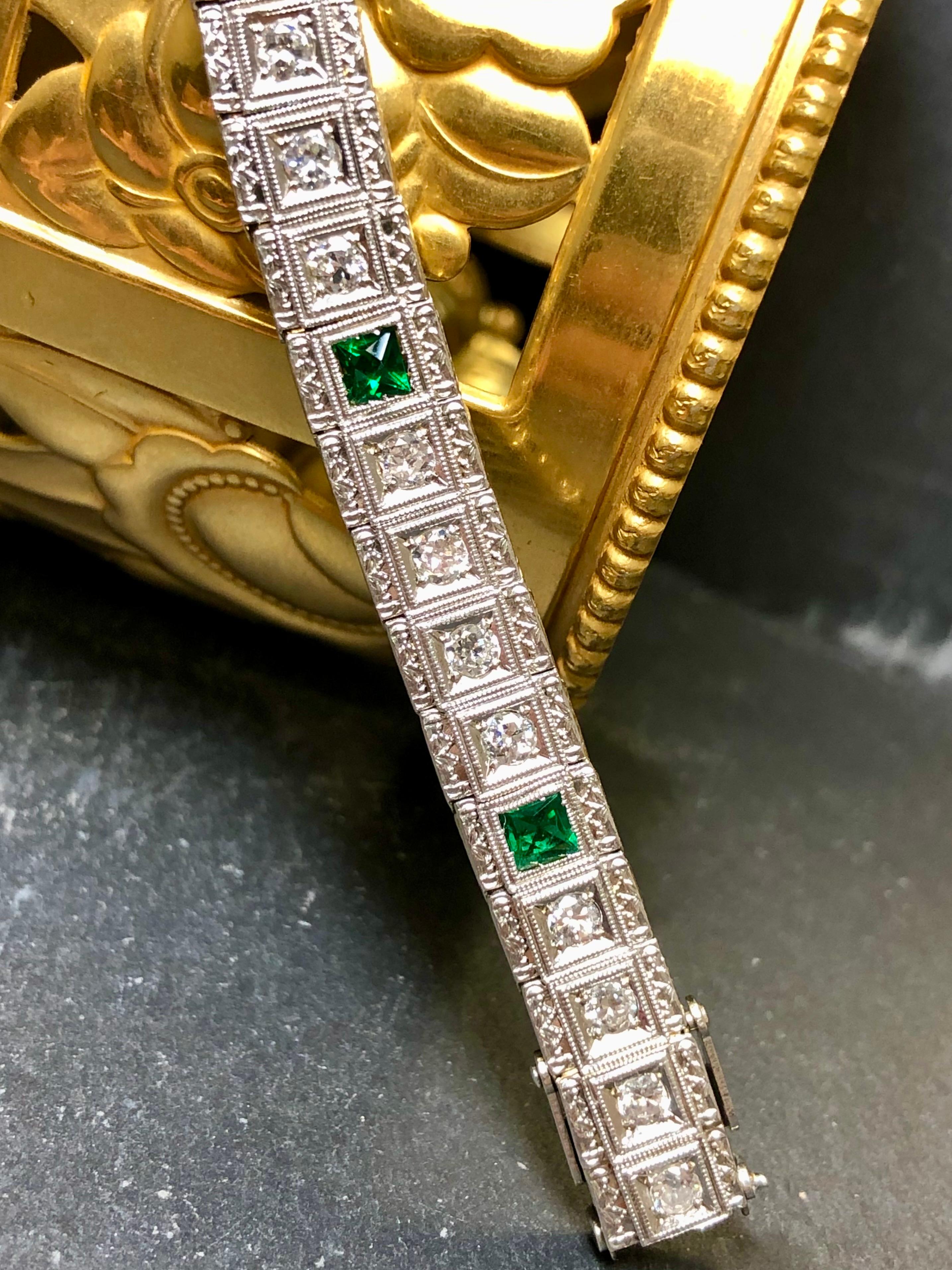 Old European Cut Antique Deco 14K European Diamond Emerald Line Bracelet 7” For Sale