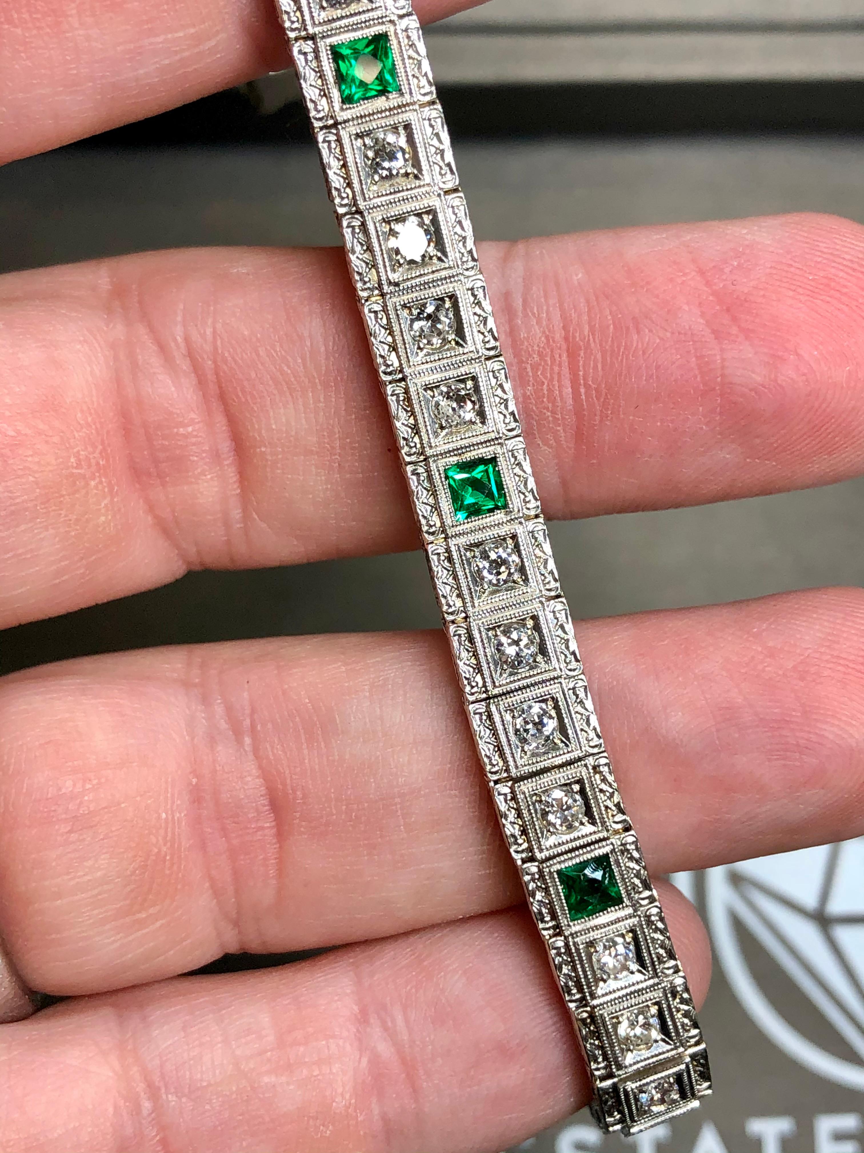 Antique Deco 14K European Diamond Emerald Line Bracelet 7” In Good Condition For Sale In Winter Springs, FL