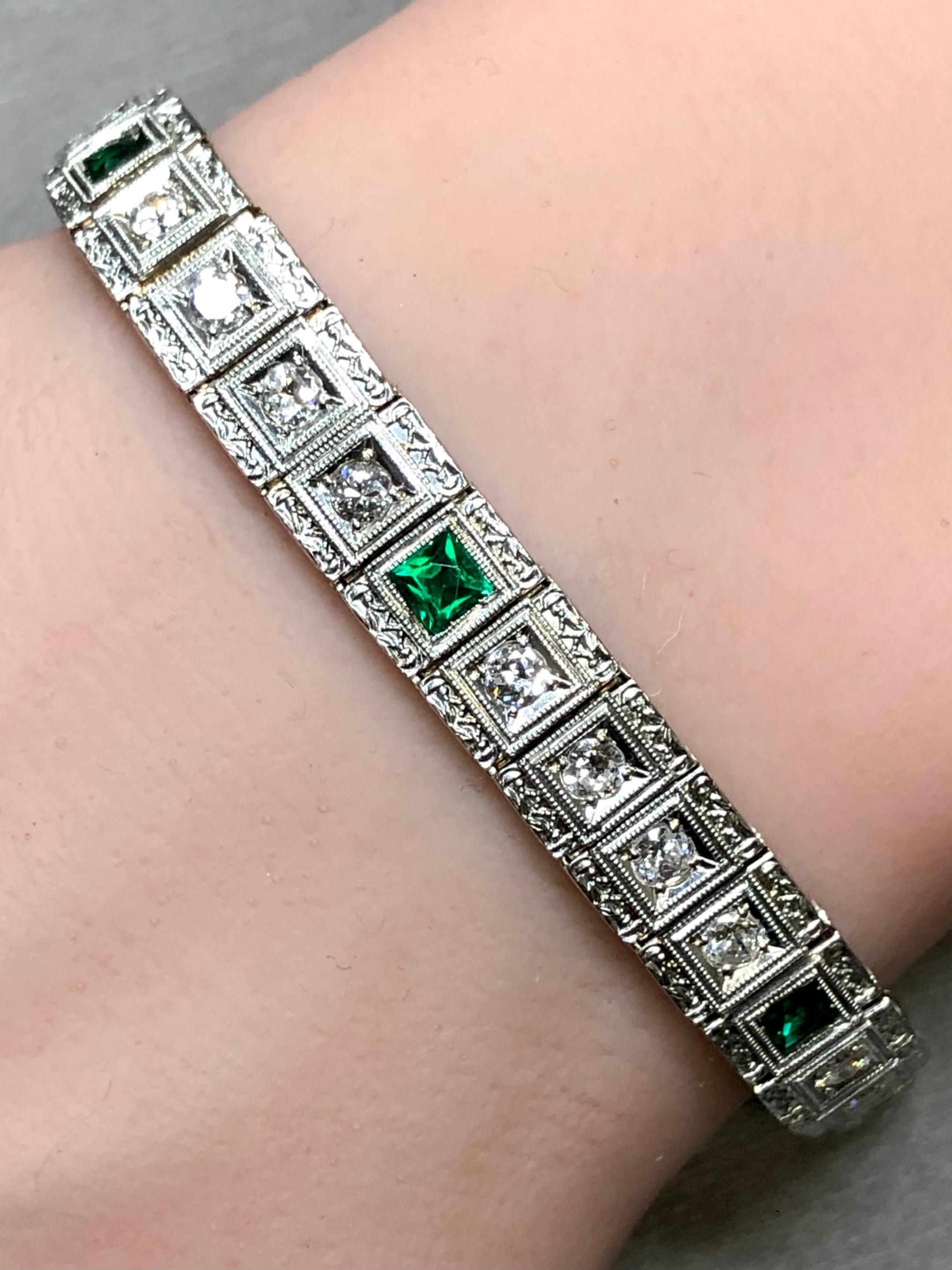 Antique Deco 14K European Diamond Emerald Line Bracelet 7” For Sale 3