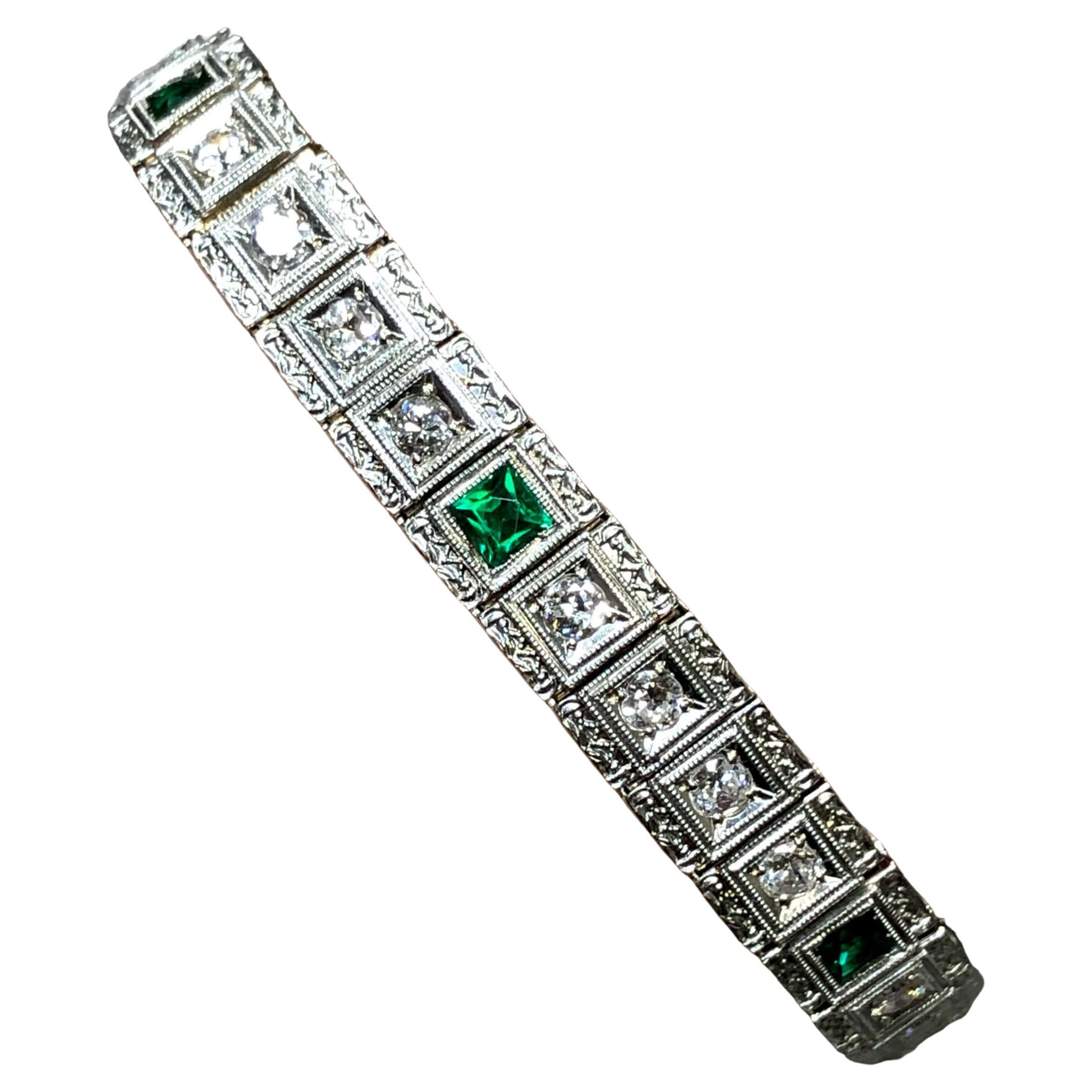 Antique Deco 14K European Diamond Emerald Line Bracelet 7” For Sale
