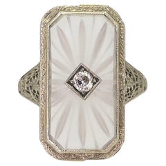 Vintage Deco 14k Gold Rock Crystal Quartz Diamond Filigree Ring i14207