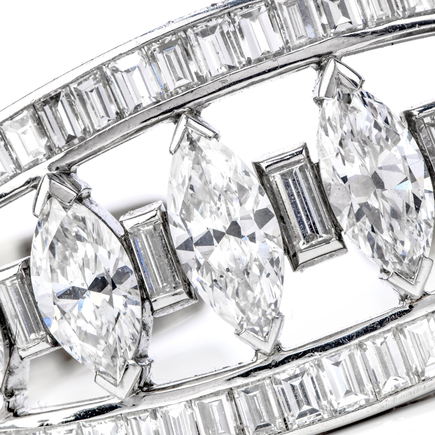 Art Deco Vintage 16.95 Carat Marquise Diamond Platinum  Gold Cuff Bangle Bracelet