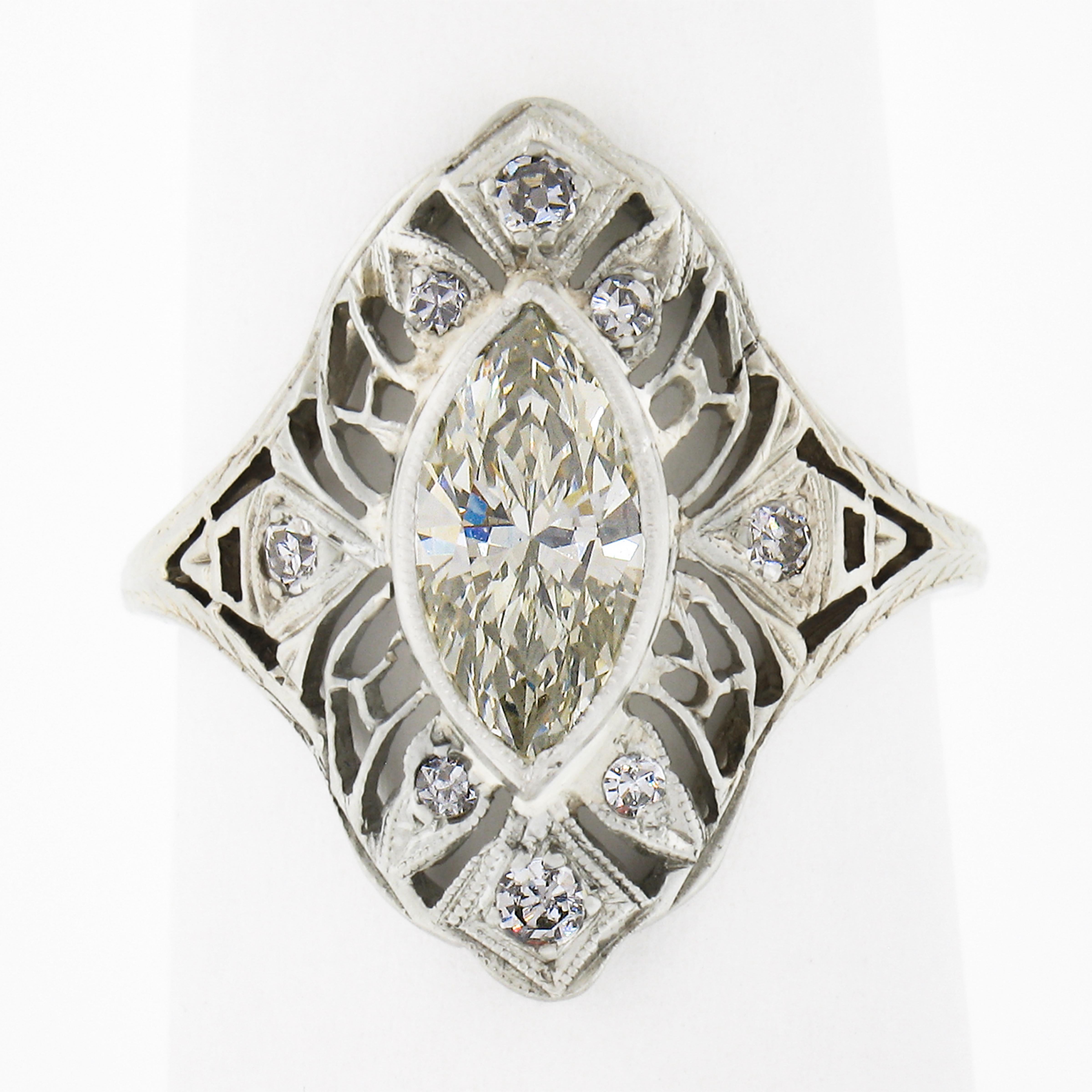 Art Deco Antique Deco 18k Gold GIA Bezel Marquise Diamond Filigree Engagement Dinner Ring For Sale