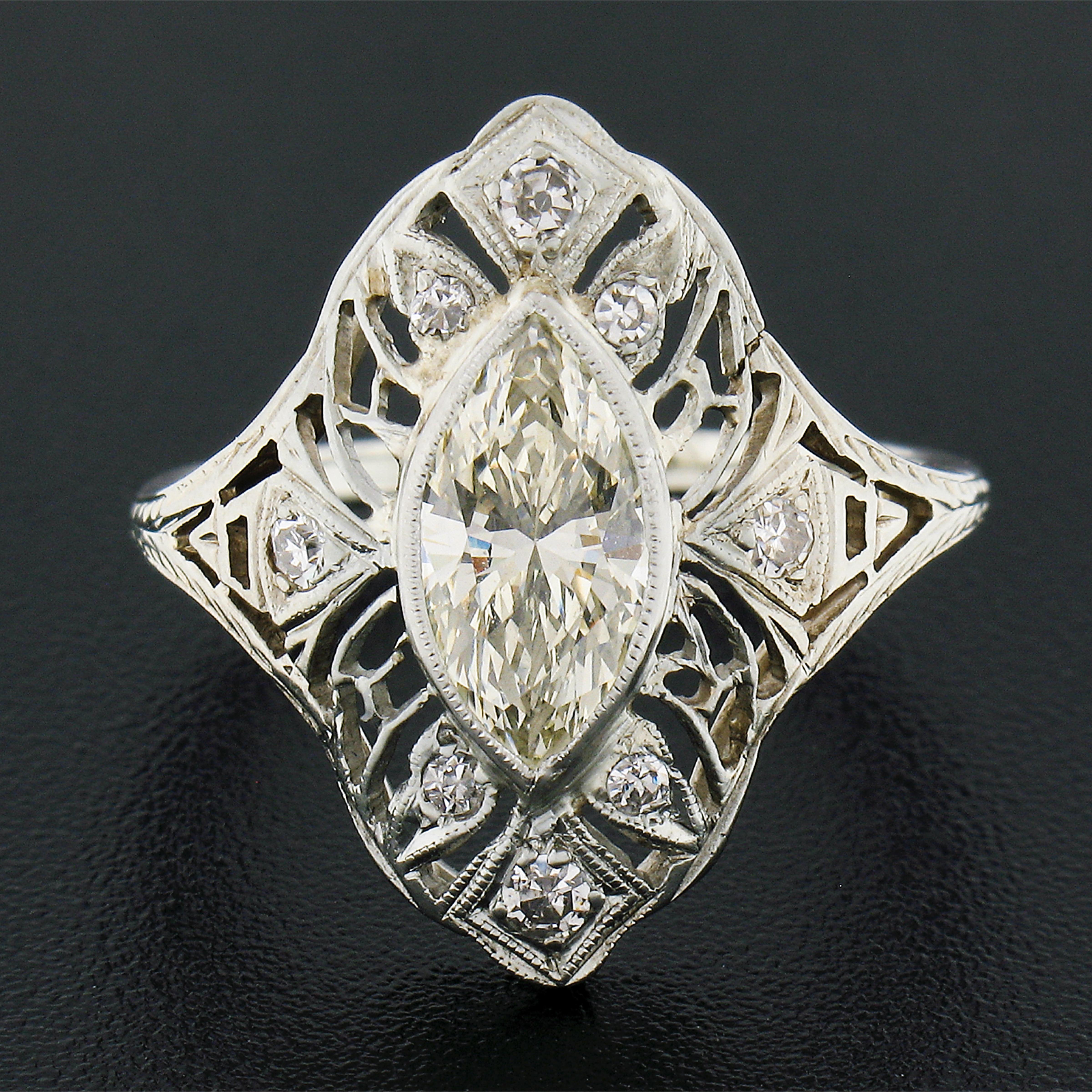 Marquise Cut Antique Deco 18k Gold GIA Bezel Marquise Diamond Filigree Engagement Dinner Ring For Sale