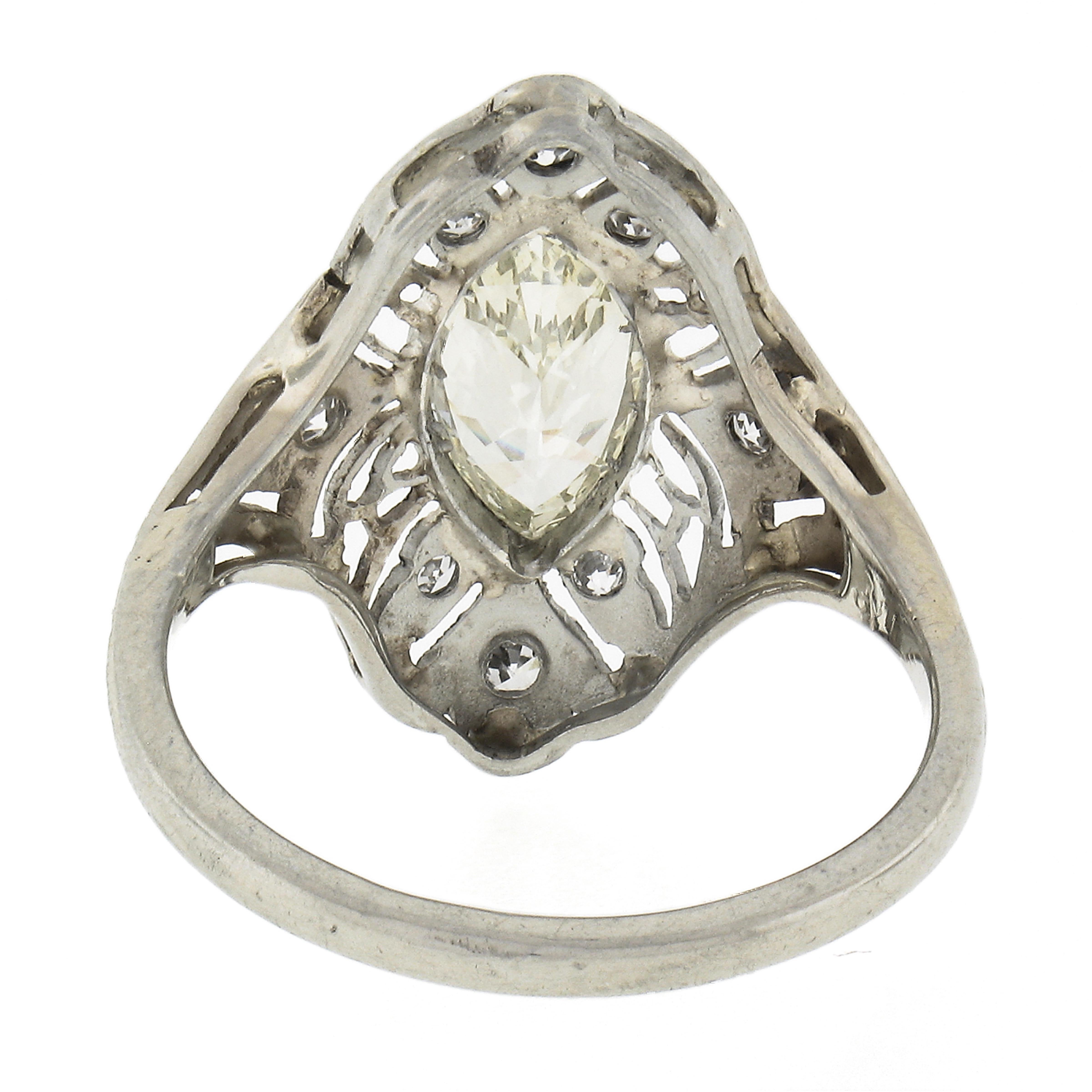 Antique Deco 18k Gold GIA Bezel Marquise Diamond Filigree Engagement Dinner Ring For Sale 2