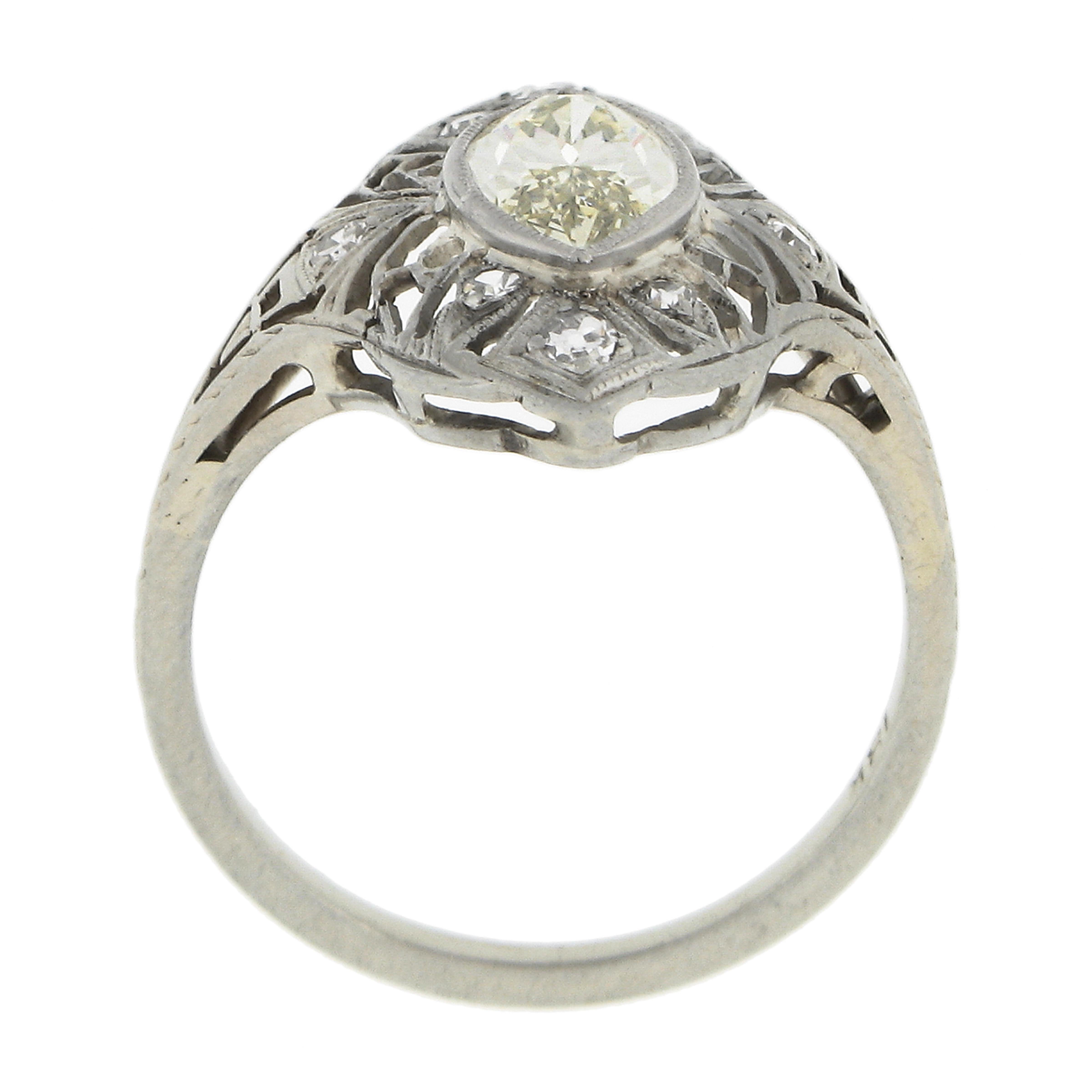 Antique Deco 18k Gold GIA Bezel Marquise Diamond Filigree Engagement Dinner Ring For Sale 3