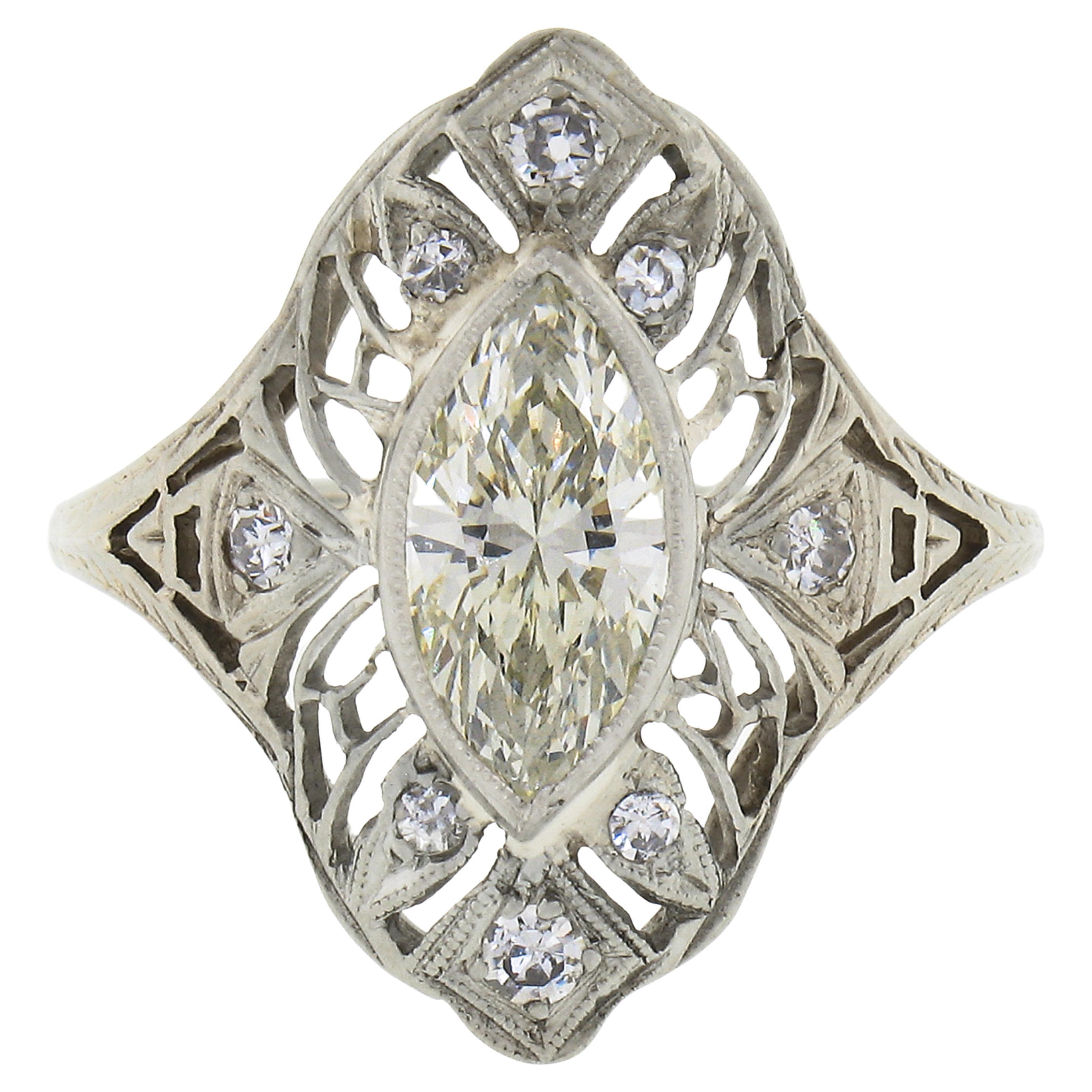 Antique Deco 18k Gold GIA Bezel Marquise Diamond Filigree Engagement Dinner Ring
