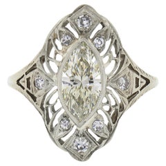 Antique Deco 18k Gold GIA Bezel Marquise Diamond Filigree Engagement Dinner Ring