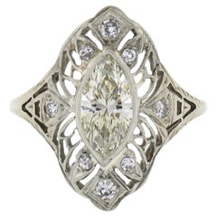 Bague de fiançailles antique déco en or 18k GIA avec chaton Marquise Diamant Filigree