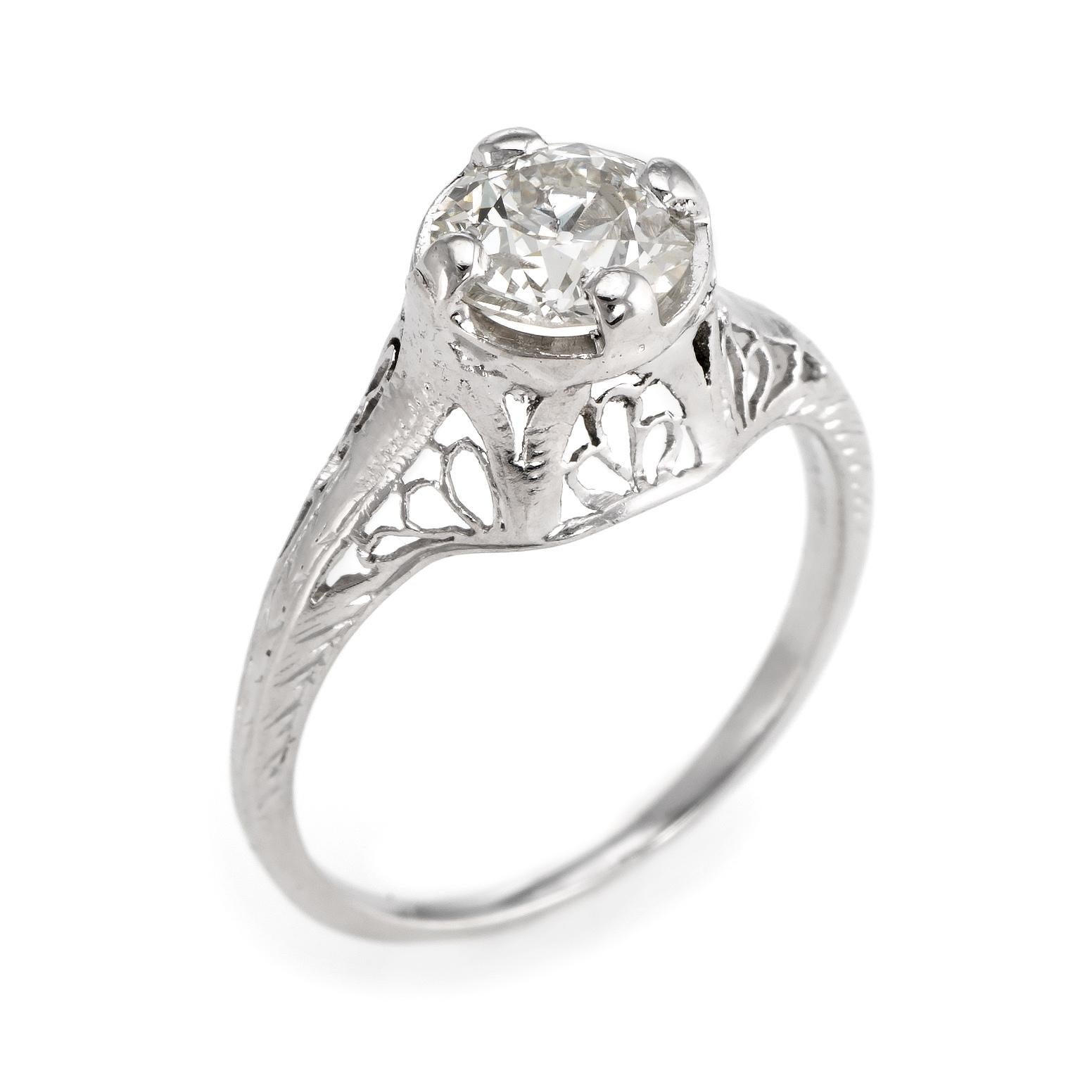 Elegant & finely detailed Art Deco era ring (circa 1920s to 1930s), crafted in 14 karat white gold. 

Centrally mounted estimated 1 carat Old Mine cut (estimated at I-J color and I1 clarity).   

The ring epitomizes vintage charm and would make a