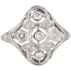 Antique Deco 3 Diamond Ring 14 Karat White Gold Vintage Fine Jewelry Shield