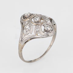 Antique Deco 3 Diamond Ring 14 Karat White Gold Vintage Fine Jewelry Shield