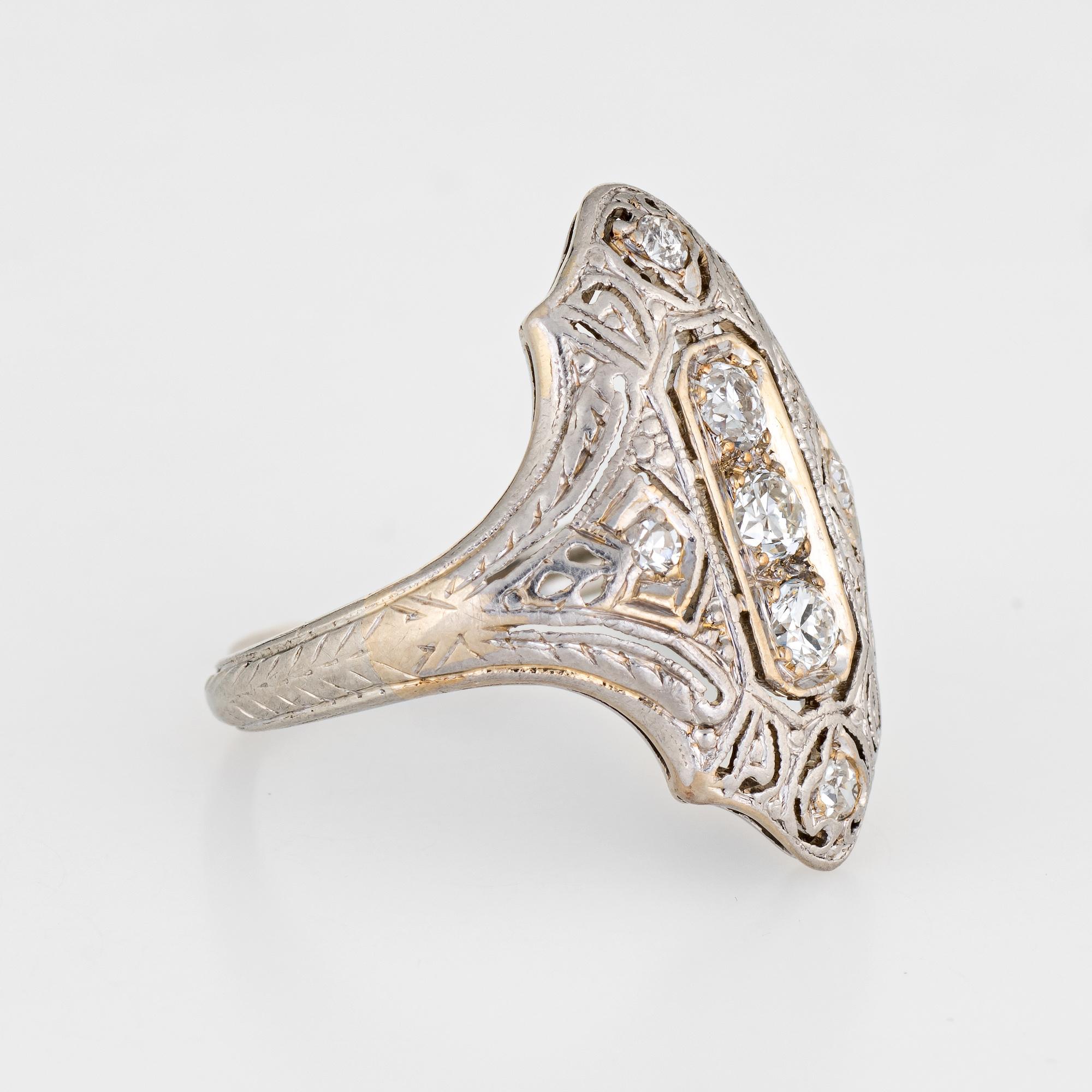 Art Deco Antique Deco 3 Diamond Ring 18k Gold Platinum Filigree Shield Dinner Jewelry