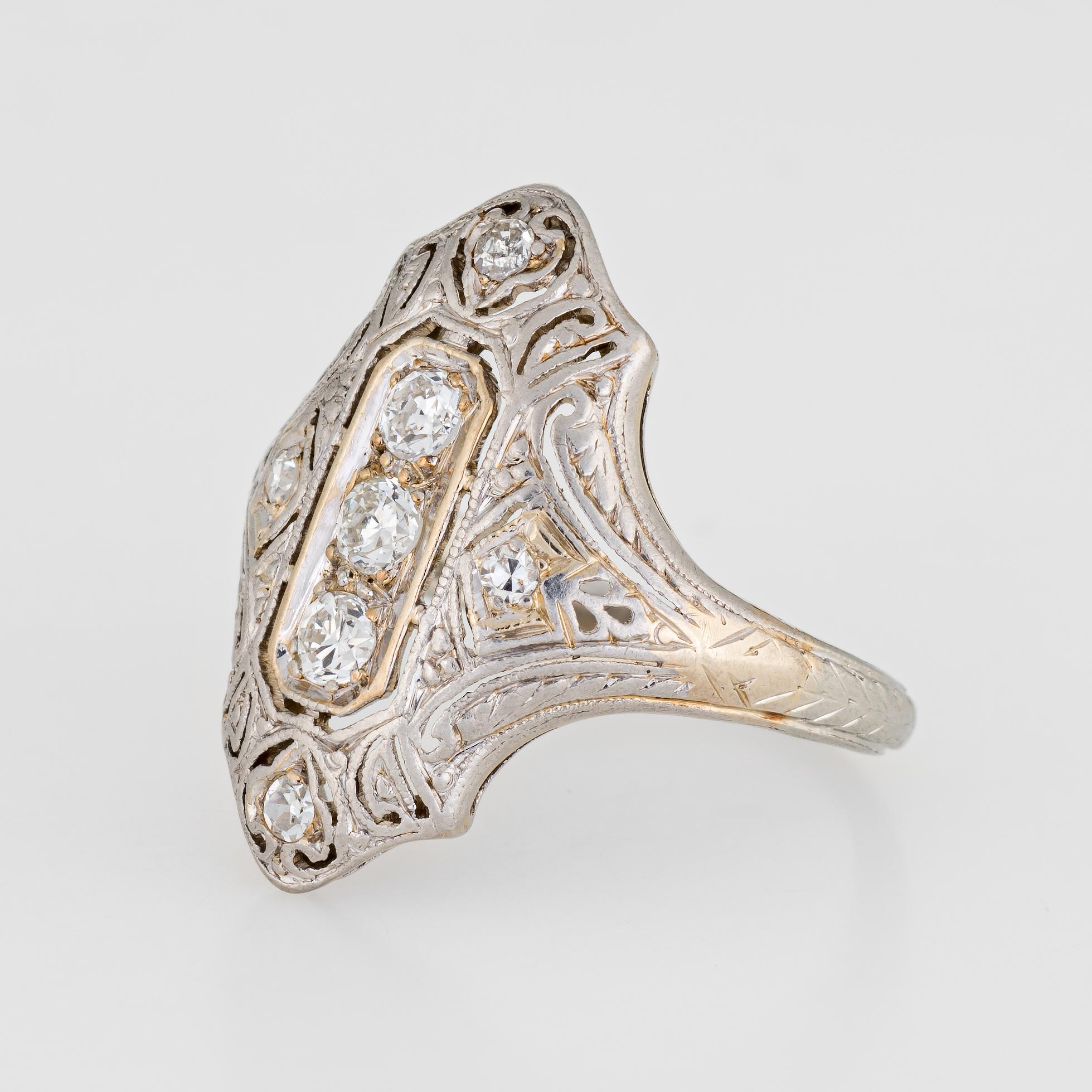 Old European Cut Antique Deco 3 Diamond Ring 18k Gold Platinum Filigree Shield Dinner Jewelry