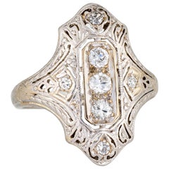 Antique Deco 3 Diamond Ring 18k Gold Platinum Filigree Shield Dinner Jewelry