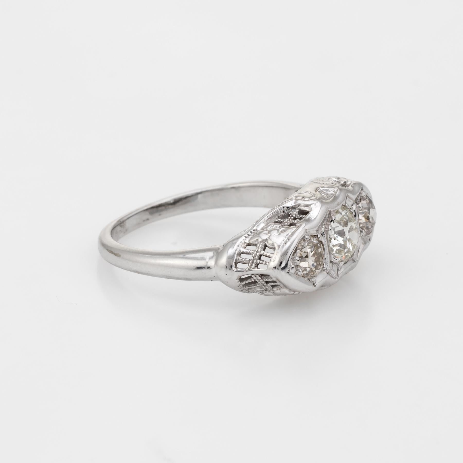 Art Deco Antique Deco 3 Diamond Ring Trilogy Vintage 14 Karat White Gold Filigree Jewelry