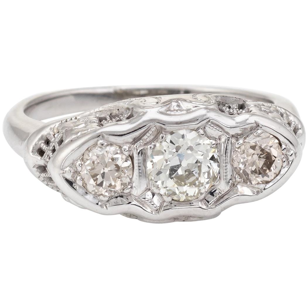 Antique Deco 3 Diamond Ring Trilogy Vintage 14 Karat White Gold Filigree Jewelry