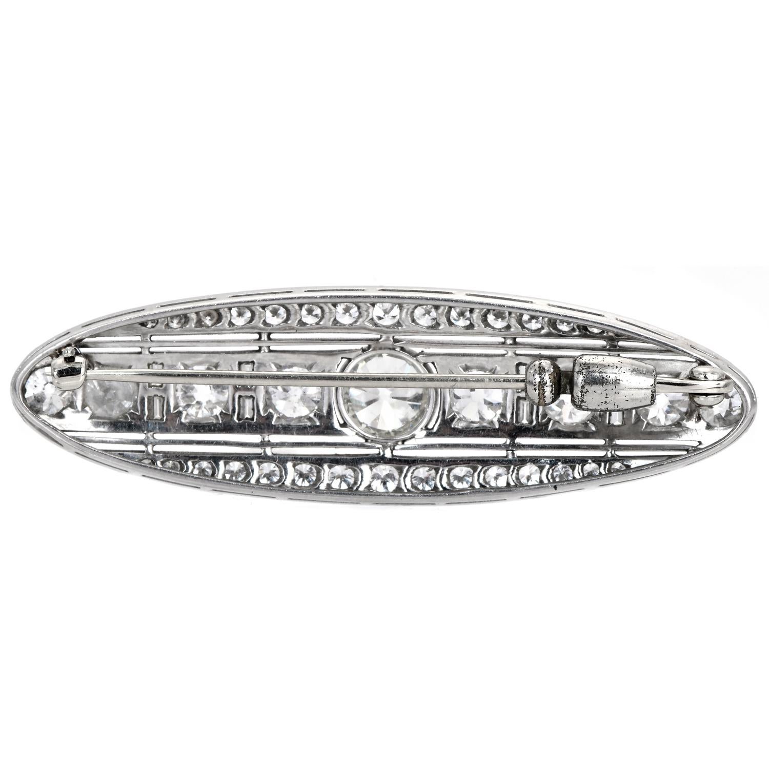 Women's or Men's Antique Deco 6.55 Carats Old European Diamond Platinum Filigree Brooch Pin For Sale