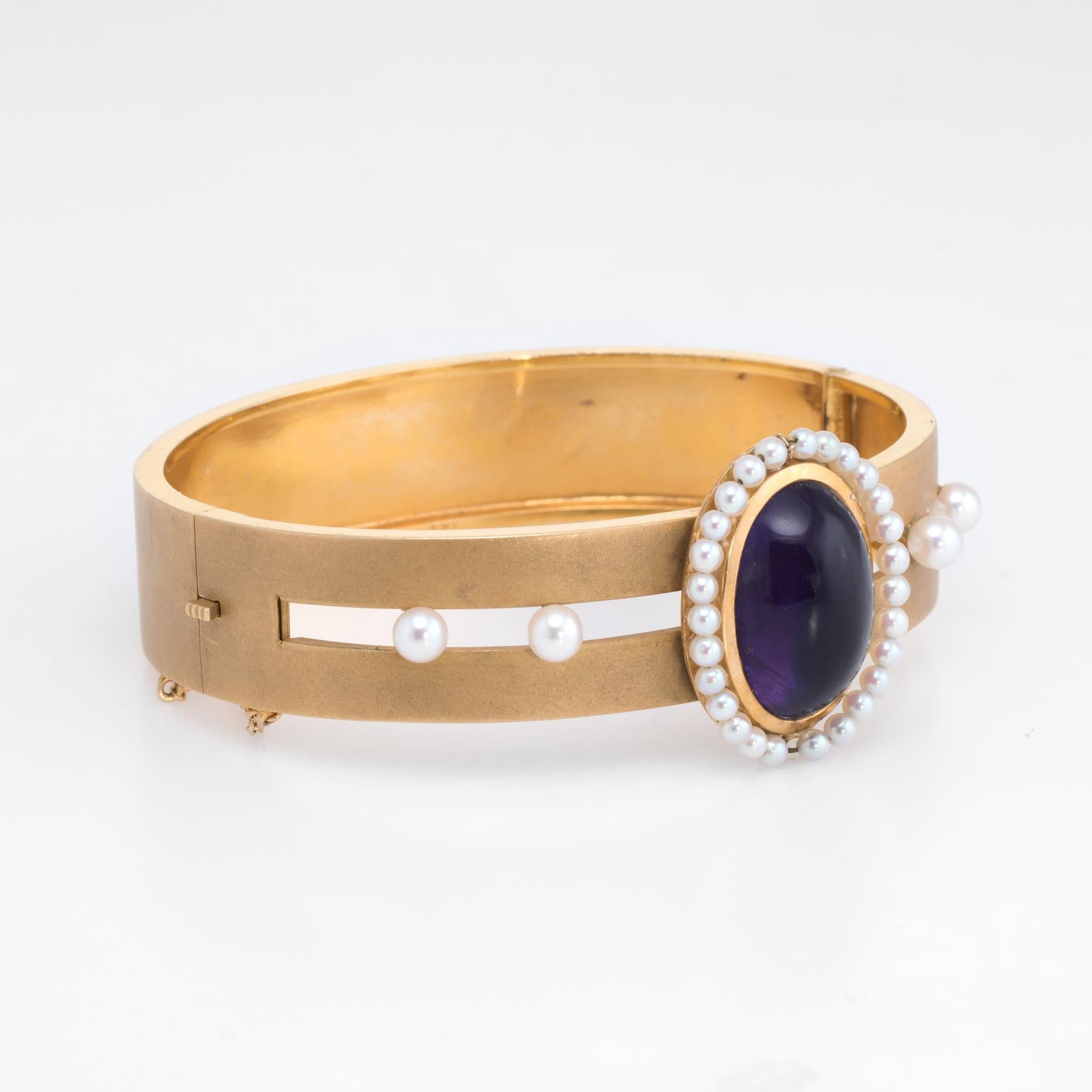 Oval Cut Antique Deco Amethyst Cultured Pearl Bangle Bracelet Vintage 14 Karat Gold For Sale