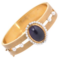 Antiker Deco Amethyst-Zuchtperlen-Armreif Vintage 14 Karat Gold