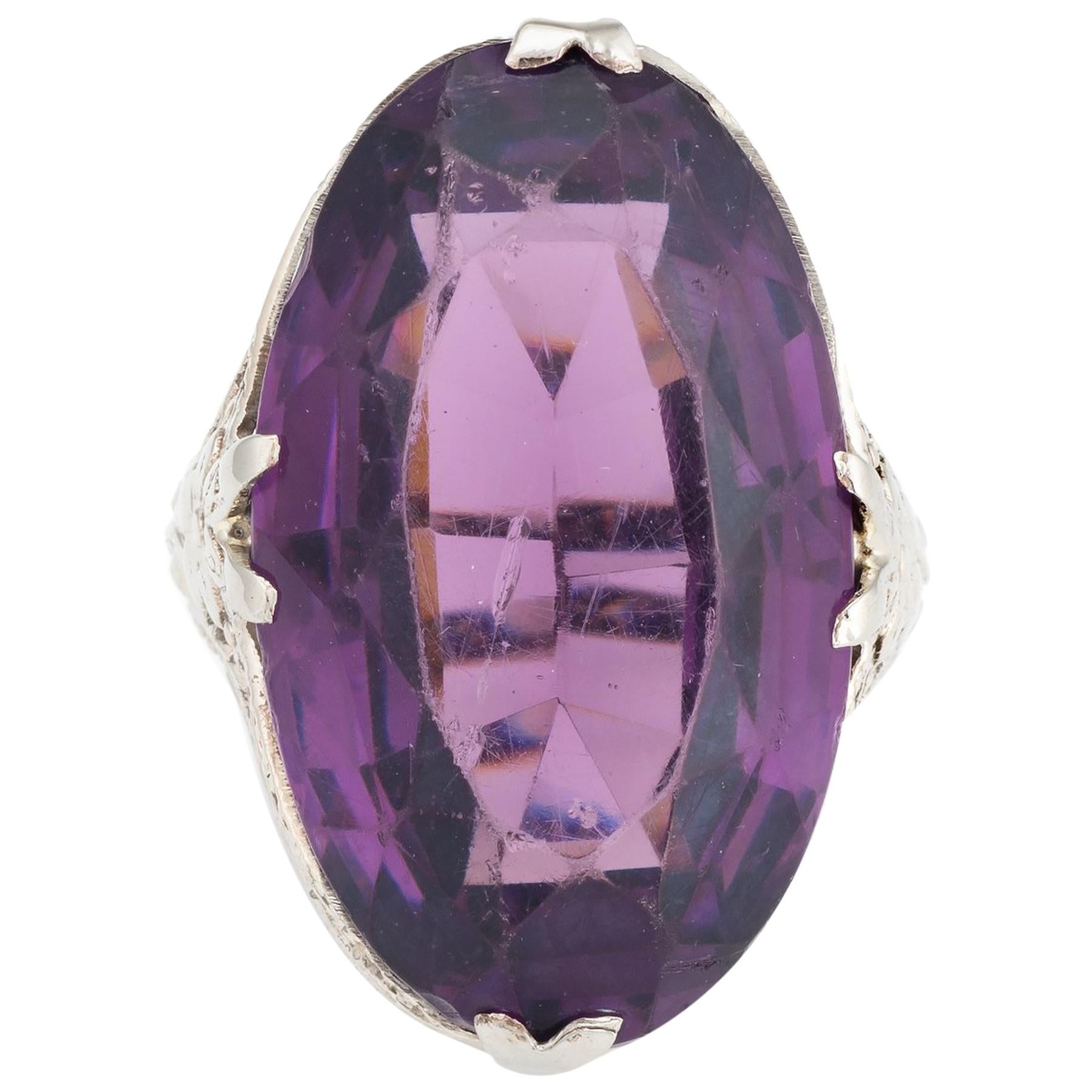 Antique Deco Amethyst Glass Ring Vintage 10 Karat White Gold Filigree Large Oval For Sale