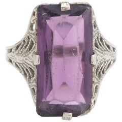Antique Deco Amethyst Ring Vintage 10 Karat Gold Filigree Cocktail Jewelry 4.5