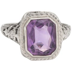 Antique Deco Amethyst Ring Vintage 14 Karat White Gold Filigree Cocktail Square