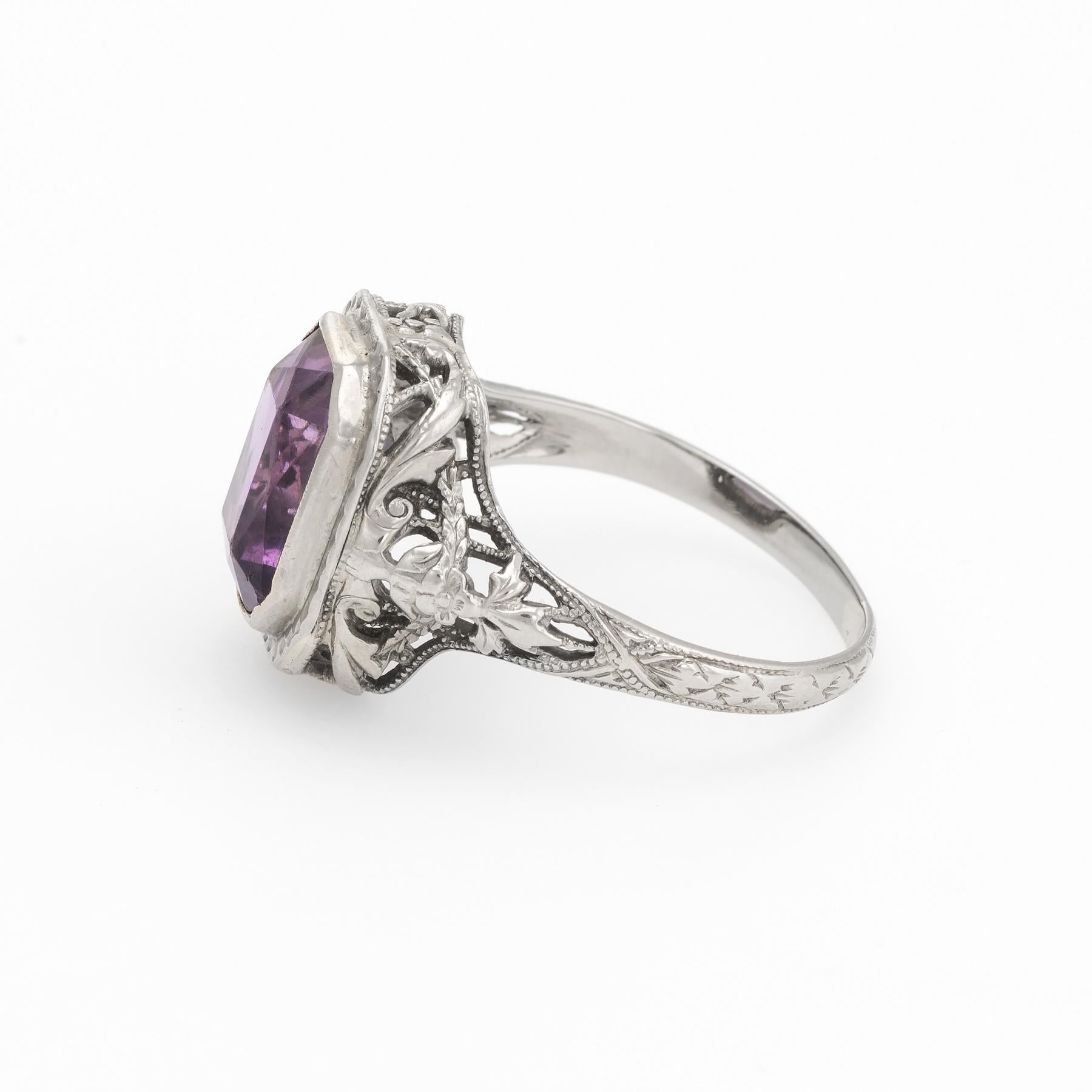 Antique Deco Amethyst Ring Vintage 14 Karat White Gold Filigree Cocktail Square In Excellent Condition In Torrance, CA