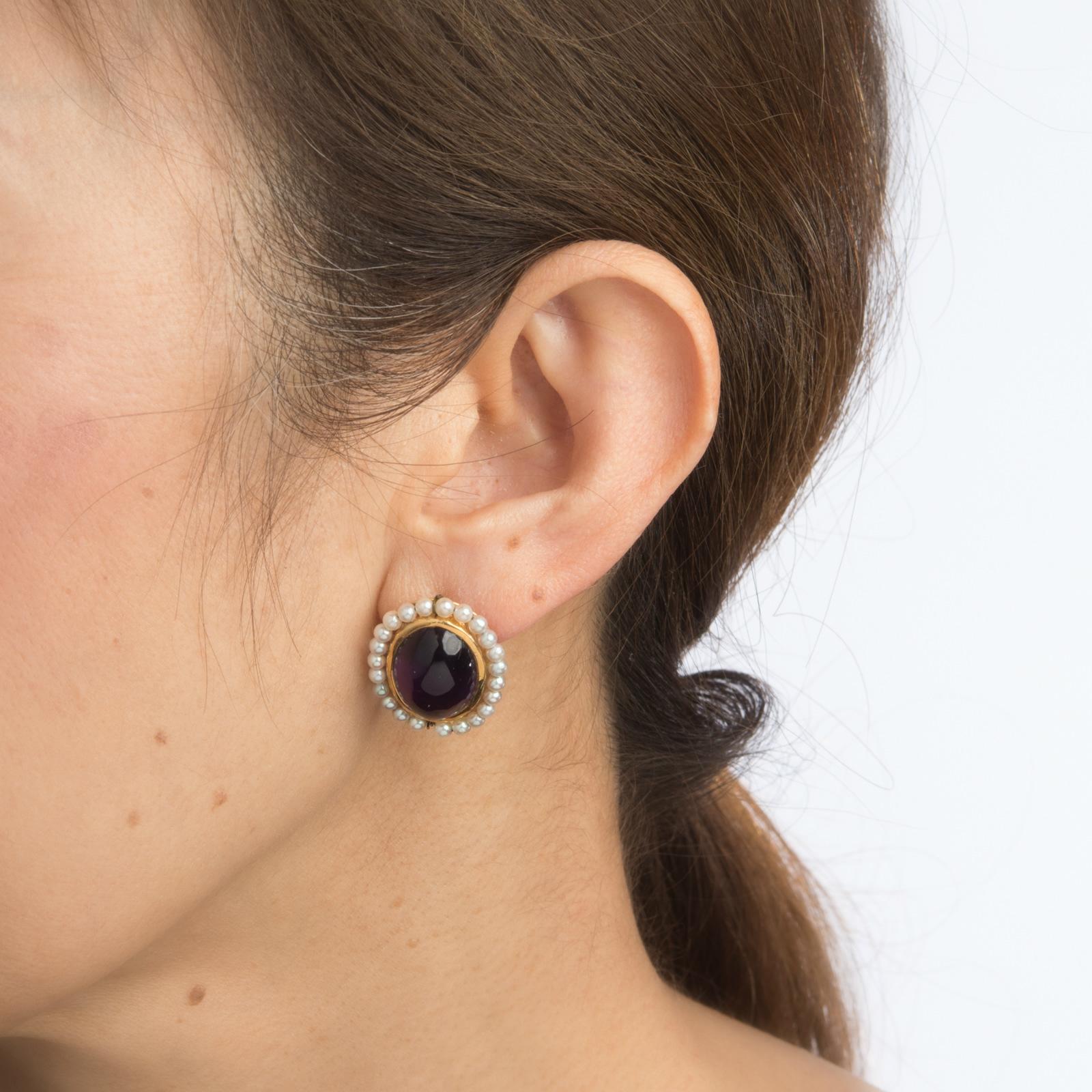 Moderne Boucles d'oreilles anciennes déco en or 14 carats avec améthyste et perles naturelles - Bijoux de succession en vente