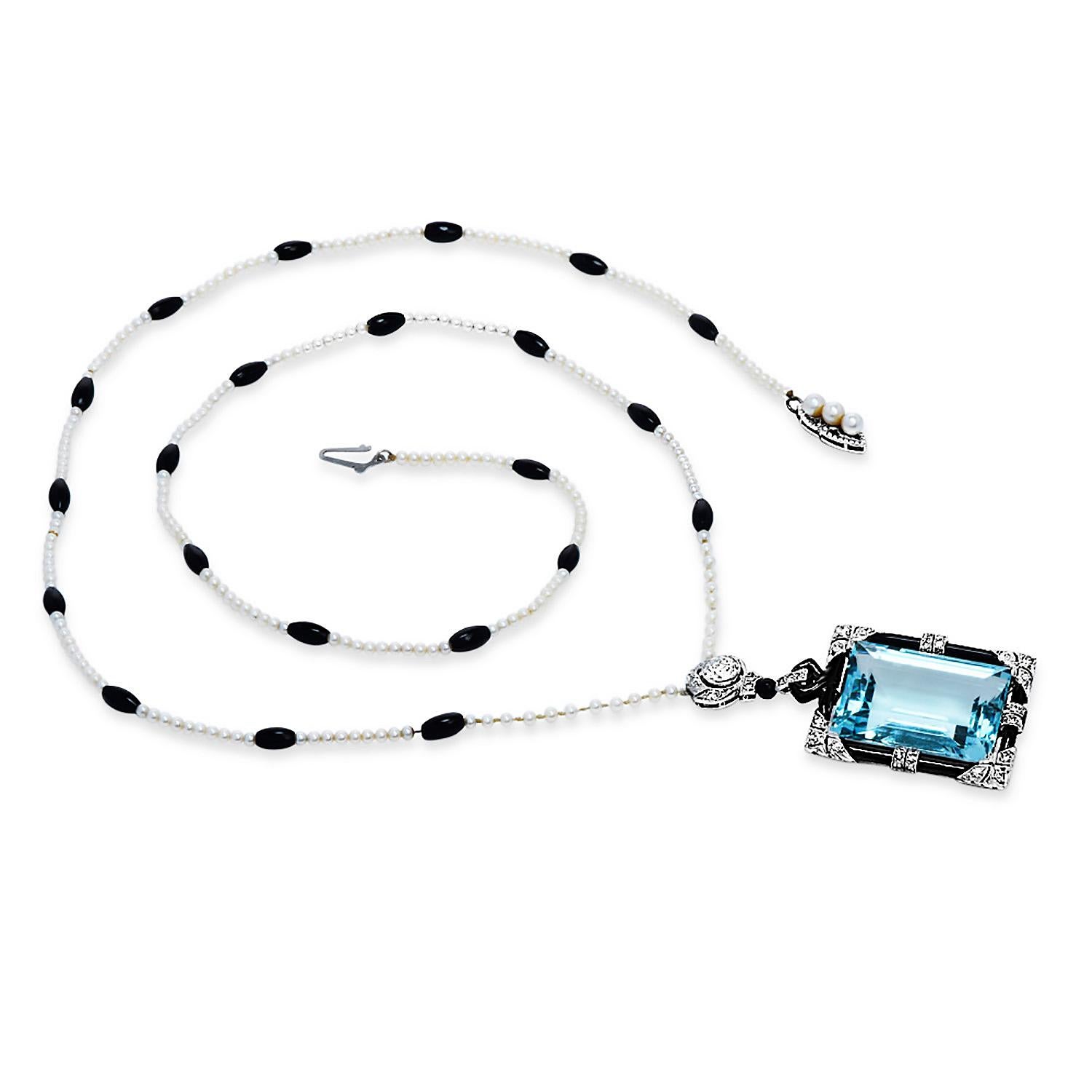Emerald Cut Antique Deco Aquamarine Diamond Onyx Pearl Gold Pendant Necklace For Sale