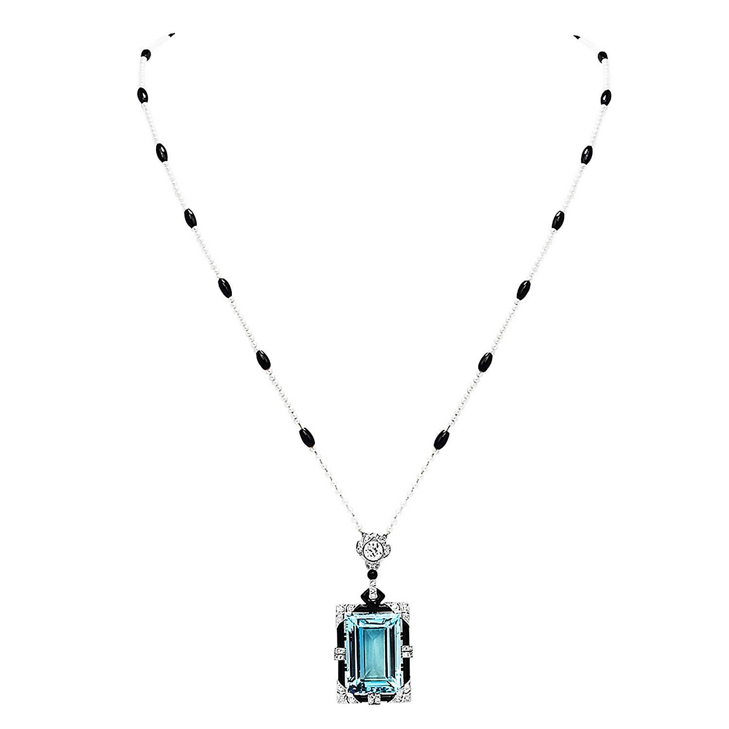 Antique Deco Aquamarine Diamond Onyx Pearl Gold Pendant Necklace In Excellent Condition For Sale In Miami, FL